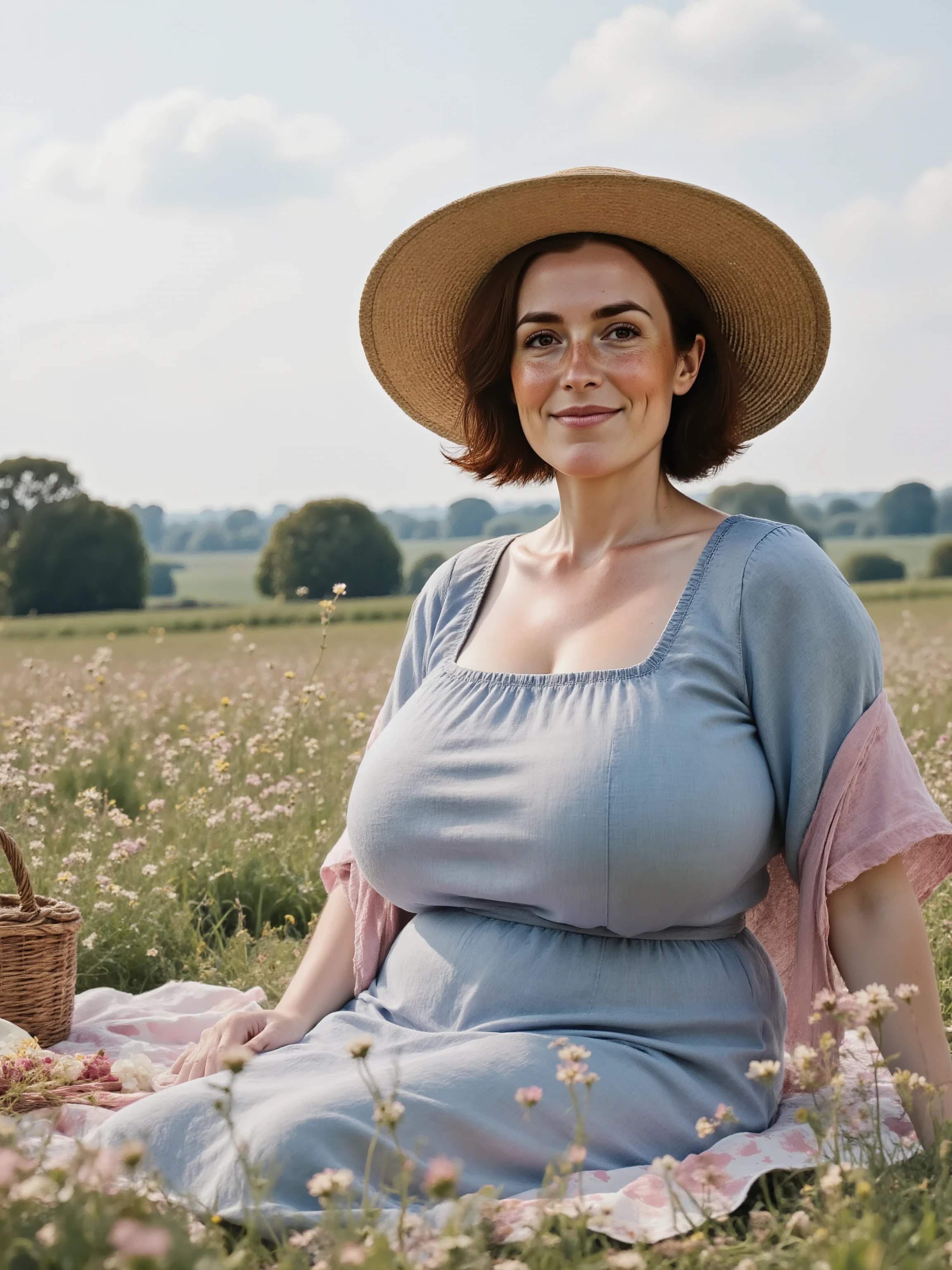 Margaret is enjoying a picnic on a flowery meadow in English countryside. looking in the camera with large brown eyes. Slight smile. She's wearing a light blue linen dress with square neckline, large straw hat, light rose shoulder shawl. photorealistic, highly detailed. She has Large breasts and voluptuous figure, huge breasts.