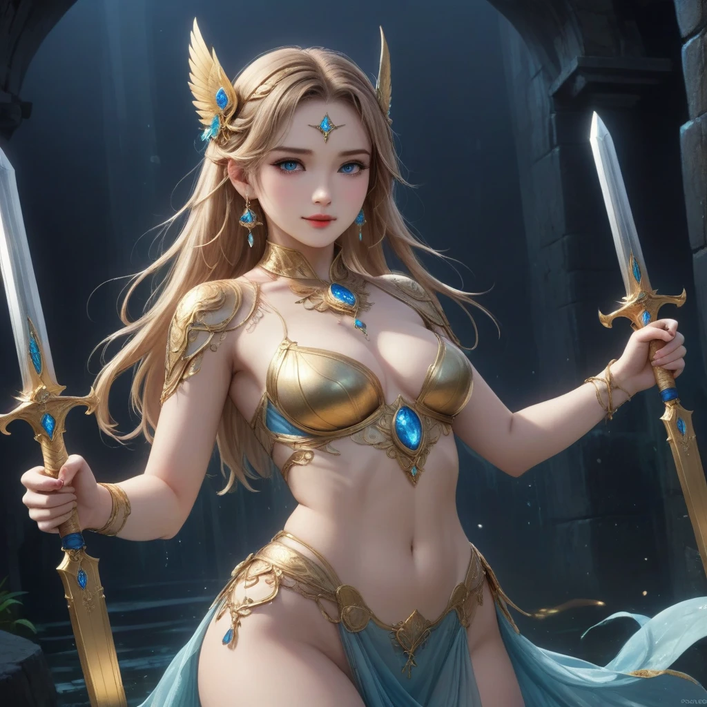 Bust photo, a beautiful woman, messy hair, girly, symmetrical bun, hair accessories, jewelry, delicate face, eye shadow, delicate cyan top,  shoulders, navel,  belly, Dunhuang style, a lot of streamers, delicate skin, soft light effects, delicate and smooth hair, delicate details, eye highlights, fair skin, fine portrayal, extreme details, cinematic quality, thin, slender, broken, hair details, thin bangs, shawl hair, correct body, shadows, air bangs, 8K, super detailed, Fine fabric texture, soft, supple, smooth texture, Dunhuang style, delicate pattern, correct hand painting, smile, tsurime, Surrealism, ray tracing, UHD, high details, super detail, highres, 8k, high quality, high details, textured skin, ccurate