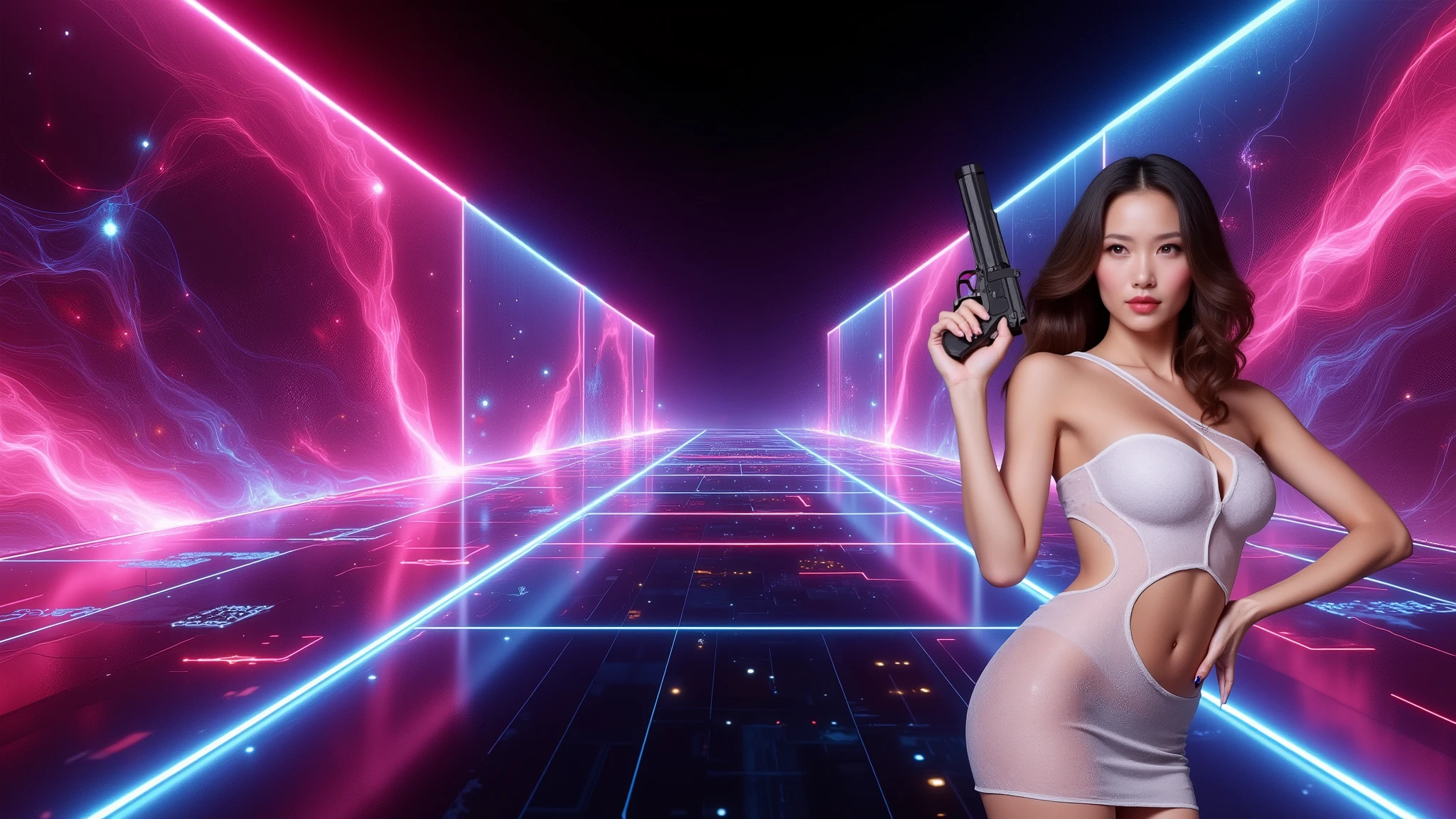 ((photo-realistic)), a sexy large-breast:1.1 Japanese woman, facing camera, cleavage, (((side boob))), hip up, slim face, slim:0.1 body, well-lit face, (((sexy-thigh:1.1, super hot short:0.1 lace transparent dress))), (((aiming with a short:0.1 pistol, balcony))), well-lit:1.2, digital art, concept art, dramatic lighting, neon lights, cinematic composition.