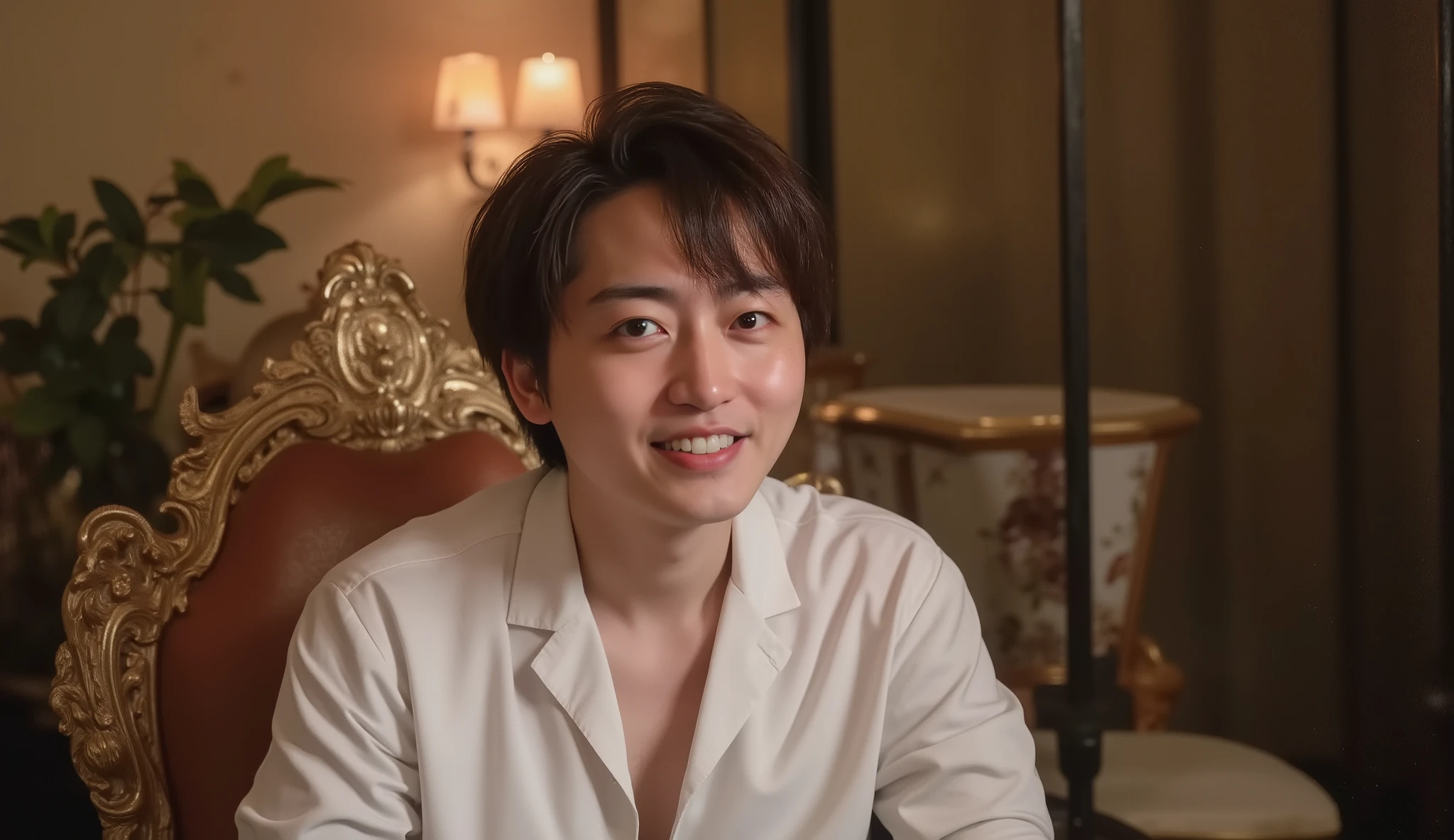 “A handsome Japanese man sitting on a luxurious chair and facing the camera. He has a gentle, warm, and charming expression that makes him look popular and approachable. Center-part hairstyle, wearing a slightly open, subtly sensual white dress shirt. The atmosphere is moody and slightly dim, but the man is clearly illuminated and stands out from the background. Soft warm candlelight glows behind him, adding a cinematic and romantic mood. Ultra high resolution, sharp focus, detailed skin texture, professional portrait photography.”