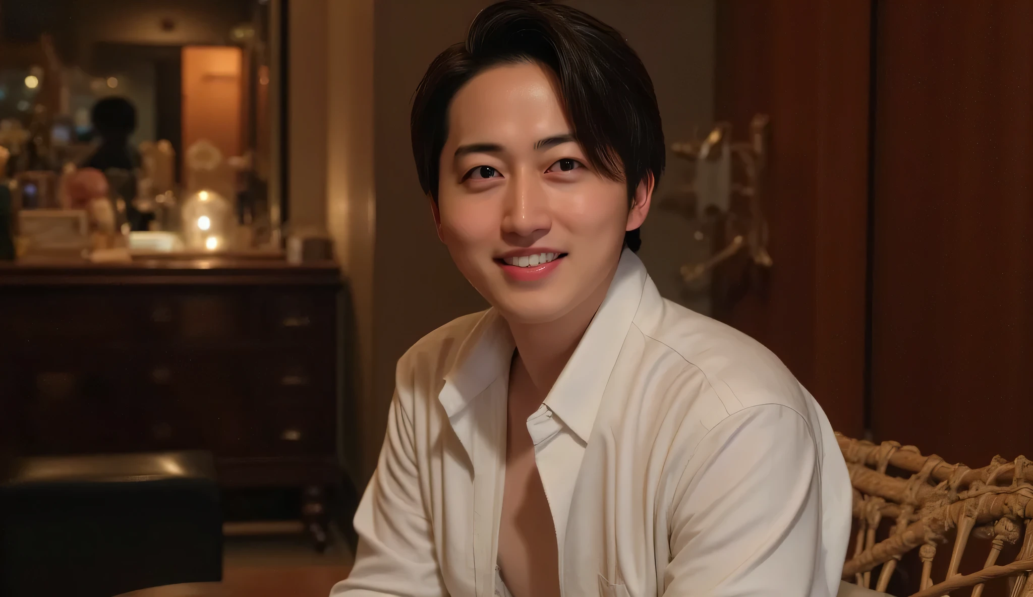 “A handsome Japanese man sitting on a luxurious chair and facing the camera. He has a gentle, warm, and charming expression that makes him look popular and approachable. Center-part hairstyle, wearing a slightly open, subtly sensual white dress shirt. The atmosphere is moody and slightly dim, but the man is clearly illuminated and stands out from the background. Soft warm candlelight glows behind him, adding a cinematic and romantic mood. Ultra high resolution, sharp focus, detailed skin texture, professional portrait photography.”