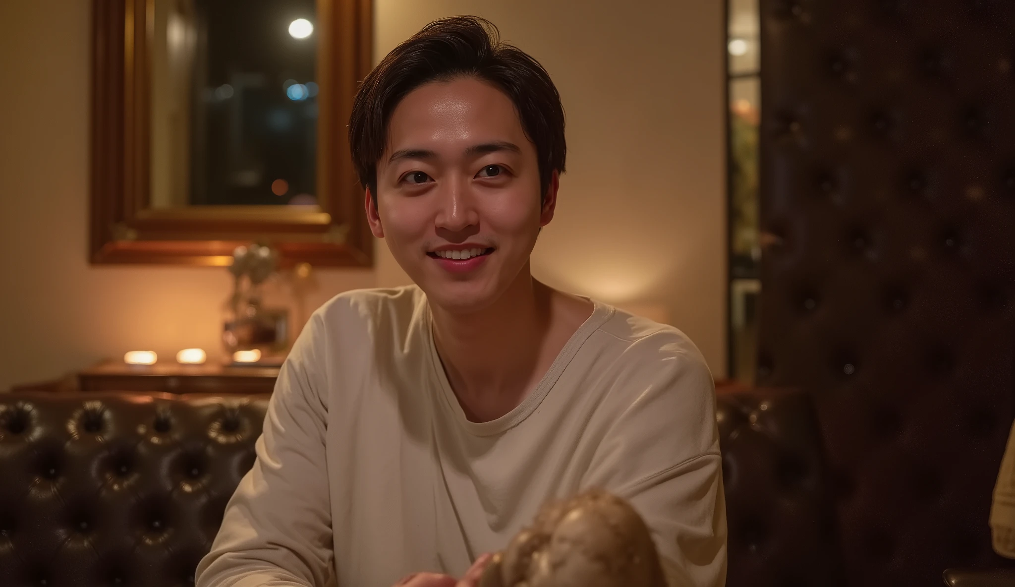 “A handsome Japanese man sitting on a luxurious chair and facing the camera. He has a gentle, warm, and charming expression that makes him look popular and approachable. Center-part hairstyle, wearing a slightly open, subtly sensual white dress shirt. The atmosphere is moody and slightly dim, but the man is clearly illuminated and stands out from the background. Soft warm candlelight glows behind him, adding a cinematic and romantic mood. Ultra high resolution, sharp focus, detailed skin texture, professional portrait photography.”