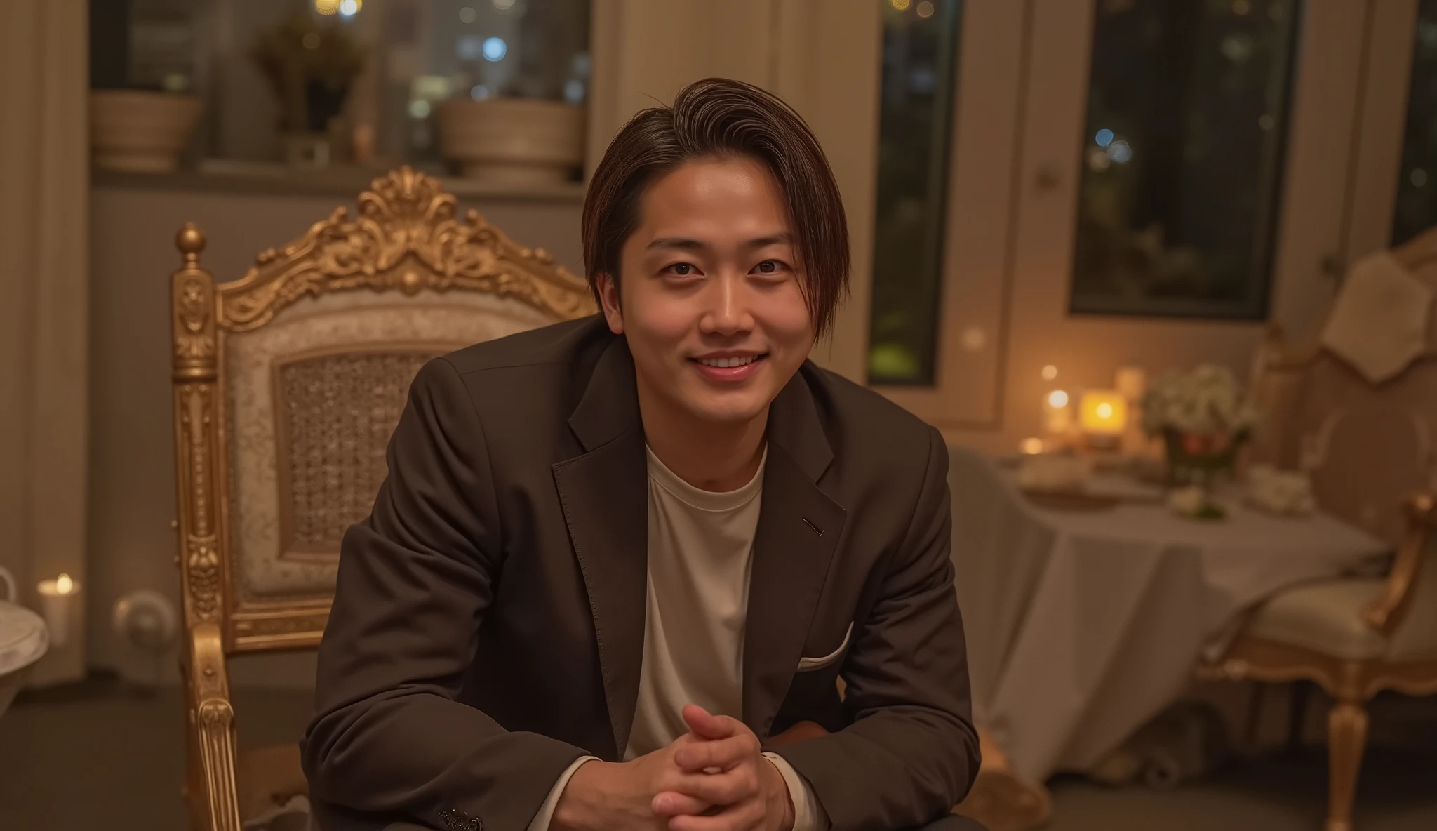 “A handsome Japanese man sitting on a luxurious chair and facing the camera. He has a gentle, warm, and charming expression that makes him look popular and approachable. Center-part hairstyle, wearing a stylish and attractive outfit with a subtle sensual vibe. The atmosphere is moody and slightly dim, but the man is clearly illuminated and stands out from the background. Soft warm candlelight glows behind him, adding a cinematic and romantic mood. Ultra high resolution, sharp focus, detailed skin texture, professional portrait photography.”
