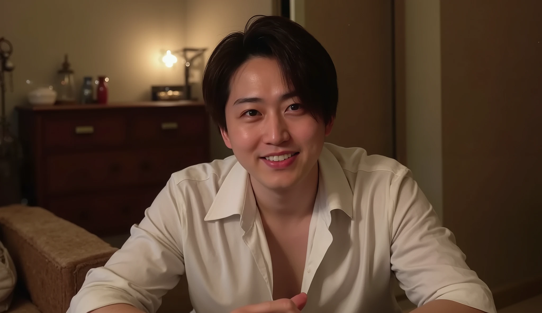 “A handsome Japanese man sitting and facing the camera. He has a gentle, warm, and charming expression that makes him look popular and approachable. Center-part hairstyle, wearing a slightly open white dress shirt with a subtle sensual vibe. The atmosphere is moody and slightly dim, but the man is clearly illuminated and stands out from the background. Soft warm candlelight glows behind him, adding a cinematic and romantic mood. Ultra high resolution, sharp focus, detailed skin texture, professional portrait photography.”