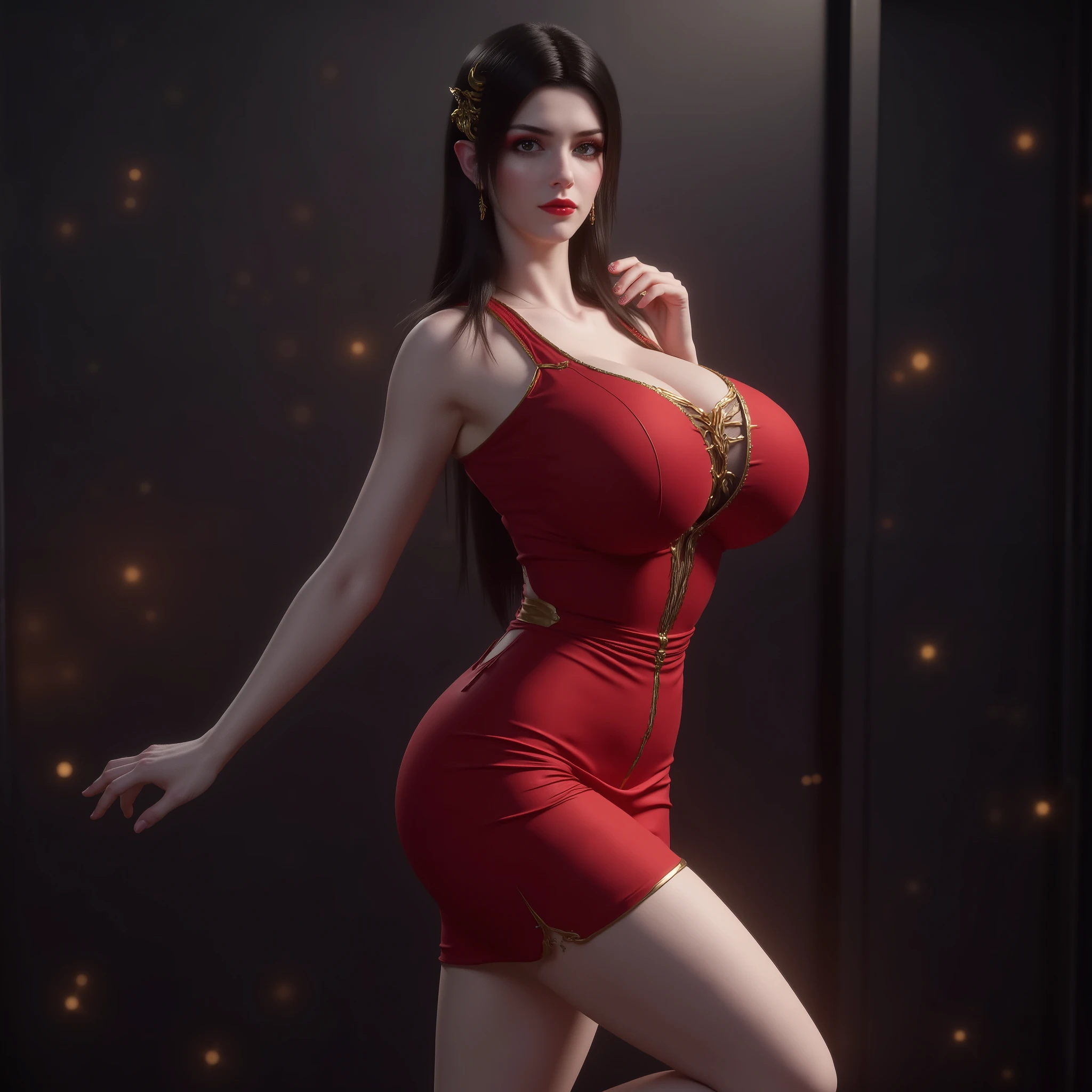 Photorealistic full body image of an athletic mature woman with long black hair, wearing a form-fitting red dress that highlights her muscular legs and wide hips, standing elegantly with one leg raised and knee bent, high heels, bare shoulders, dramatic lighting with light particles creating atmosphere, looking directly at viewer