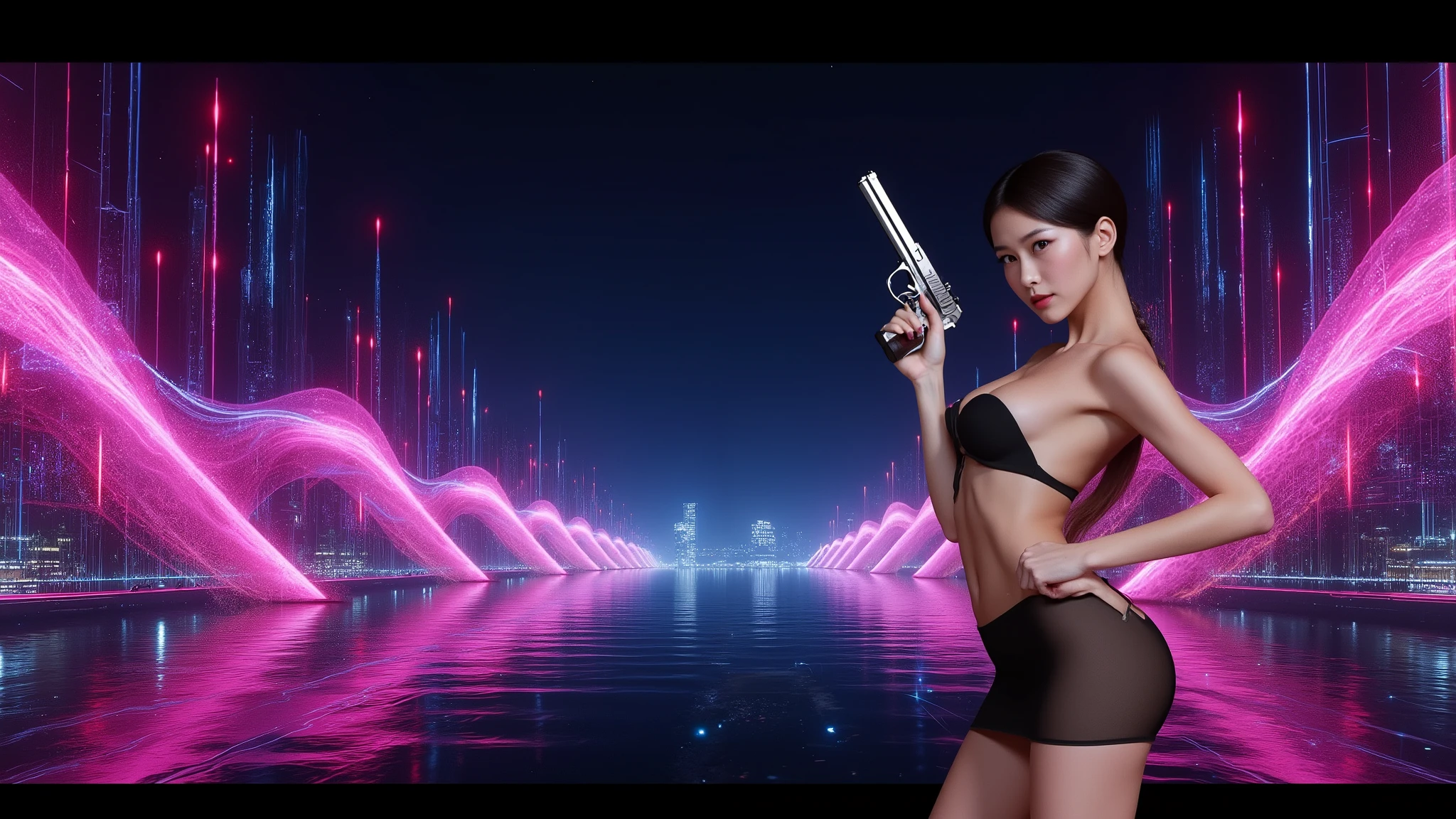 ((photo-realistic)), a sexy large-breast:1.1 Japanese woman, facing camera, cleavage, (((side boob))), hip up, slim face, slim:0.1 body, well-lit face, (((sexy-thigh:1.1, super hot short:0.1 lace transparent dress))), (((aiming with a short:0.1 pistol, balcony))), well-lit:1.2, digital art, concept art, dramatic lighting, neon lights, cinematic composition.