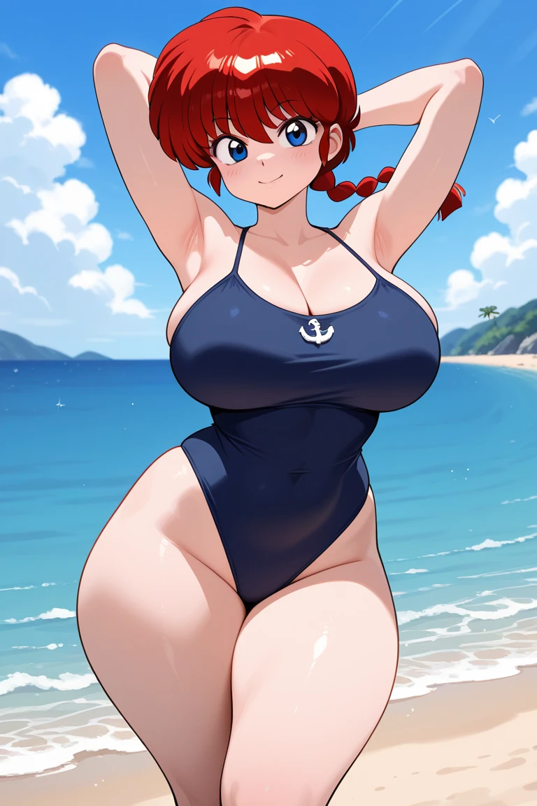 High resolution, Dragon Ball, Bulma, 1girl, ((bimbo))), short blue hair, blue eyes, puffy lips,  thick lips, wide hips, thick thighs, huge round fake breast, huge ass, sexy flirty face, shiny skin, sexy legs, breasts squeezed together, , beach, , perky , tan lines, gigantic breasts, busty, full body, standing up, tanned, wet, 