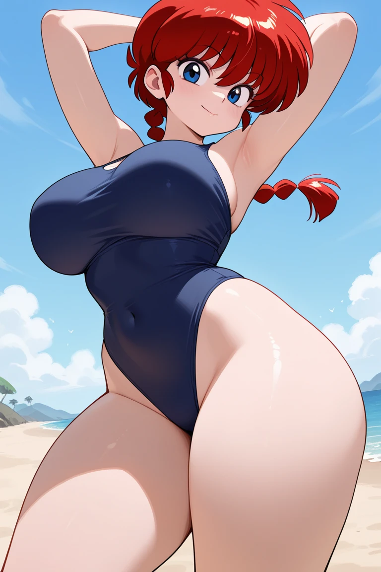 masterpiece, best quality, 1girl, solo, <lora:pyra-xb-richy-v1:1> pyraswim, tiara, earrings, chest jewel, one-piece swimsuit, bent over, from behind, ass, wide hips, thick thighs, looking back