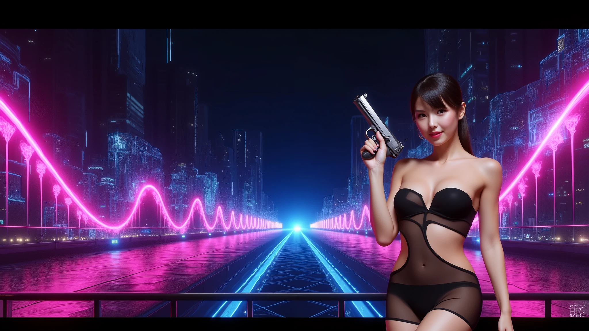 ((photo-realistic)), a sexy large-breast:1.1 Japanese woman, facing camera, cleavage, (((side boob))), hip up, slim face, slim:0.1 body, well-lit face, (((sexy-thigh:1.1, super hot short:0.1 lace transparent dress))), (((aiming with a short:0.1 pistol, balcony))), well-lit:1.2, digital art, concept art, dramatic lighting, neon lights, cinematic composition.