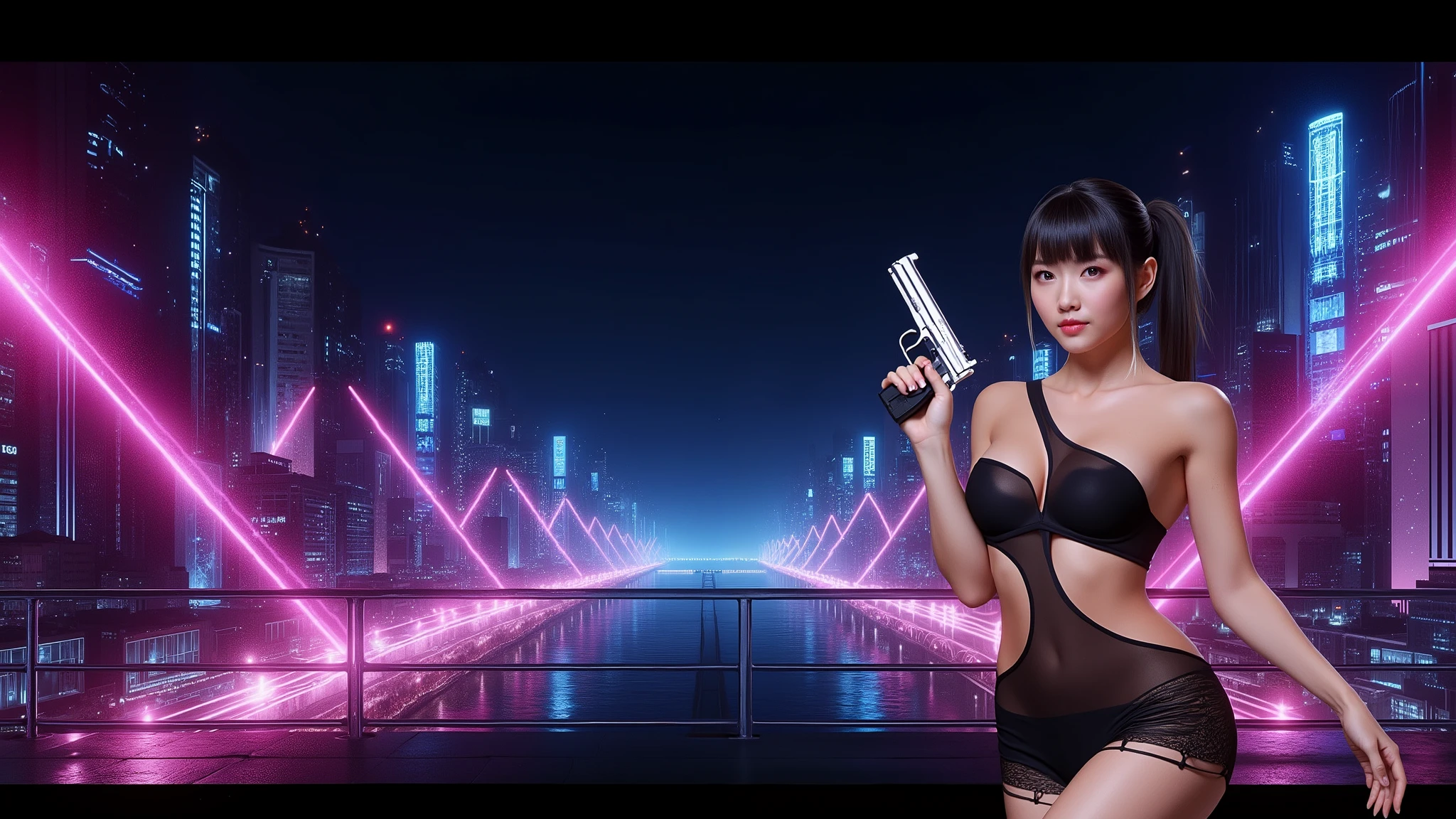 ((photo-realistic)), a sexy large-breast:1.1 Japanese woman, facing camera, cleavage, (((side boob))), hip up, slim face, slim:0.1 body, well-lit face, (((sexy-thigh:1.1, super hot short:0.1 lace transparent dress))), (((aiming with a short:0.1 pistol, balcony))), well-lit:1.2, digital art, concept art, dramatic lighting, neon lights, cinematic composition.