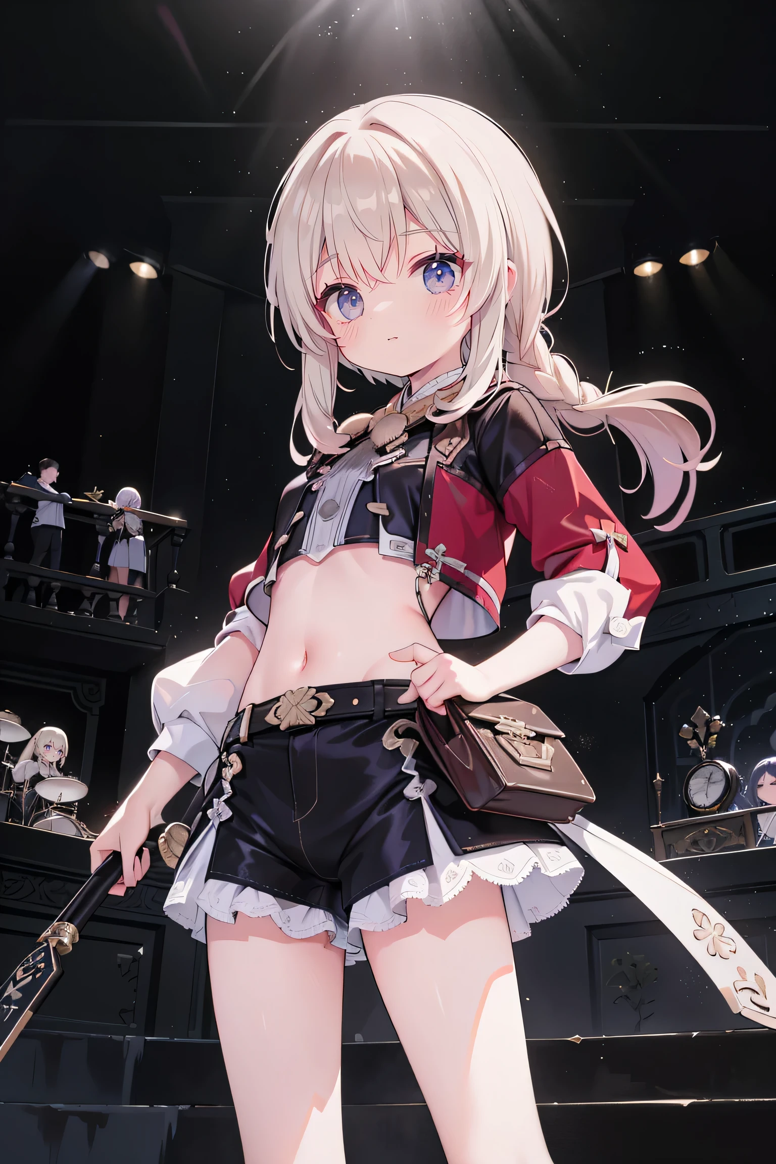 best quality ，Ultradetailliert ， nice face ， Meisterwerk、 Meisterwerk, erstklassig, 
Meisterwerk, best quality, amazing quality, (genauer Stil), (detailed face), Genaues Gesicht, Treffende Augen, genaue Farben, detaillierte Augen, Rumi kpop, lange lila Haare, only 1 very long purple braided braid,Pony, braune Augen,  1 girl, Allein, 3d, Gelbe Jacke, Cropped Jacke, schwarze Shorts, Bauch, red belt, white crop top, Schmuck, Stiefel, swings golf clubs in the right hand,spielt Golf, dynamische pose, dramatic perspective, Cowboy-Schuss, Hellblaues Crop-Top, on stage, Publikum, Betrachter ansehen, very sweet smiling,looks directly at the Netrachter, happy smile, Elegant,  very thin legs, dark background narrow  , schmale Beine, , extremely detailed,  best quality ，Ultradetailliert ， nice face ， Meisterwerk、 Meisterwerk, erstklassig, 1 girl in, best quality , 1 girl dark background