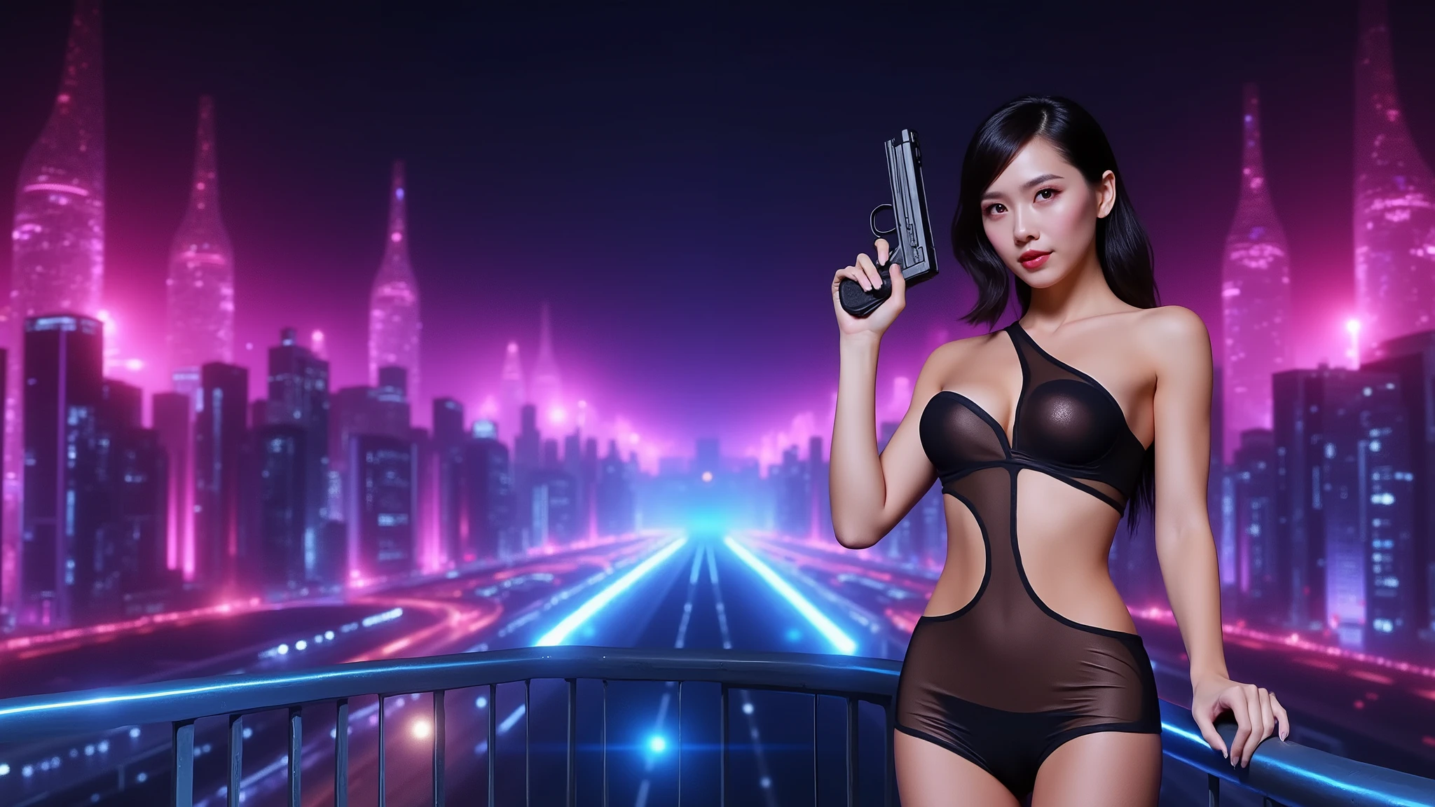 ((photo-realistic)), a sexy large-breast:1.1 Japanese woman, facing camera, cleavage, (((side boob))), hip up, slim face, slim:0.1 body, well-lit face, (((sexy-thigh:1.1, super hot short:0.1 lace transparent dress))), (((aiming with a short:0.1 pistol, balcony))), well-lit:1.2, digital art, concept art, dramatic lighting, neon lights, cinematic composition.