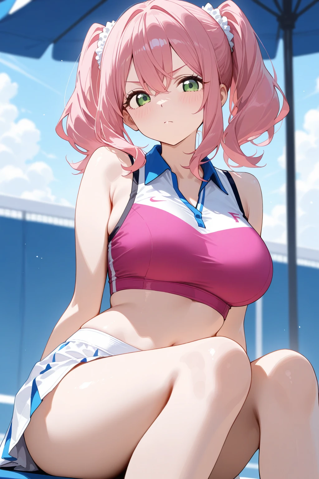 pelo color rosa, ojos azules, blue eyes, intense blue eyes, iris azul, labios enormes, ponytails hairstyle, double ponytails, pechos grandes, Figura de reloj de arena, (cintura estrecha), confianza, superioridad, malcriada, muslos gruesos, de pie, bajita, little, parque (garden, Arbustos, arboles, flores, Vegetation), tema rosa, camisa blanca, sonrisa, medio plano, grueso, Caderas grandes, cintura muy estrecha, grandes pechos, escote, labios grandes, pechos grandes, , little, 