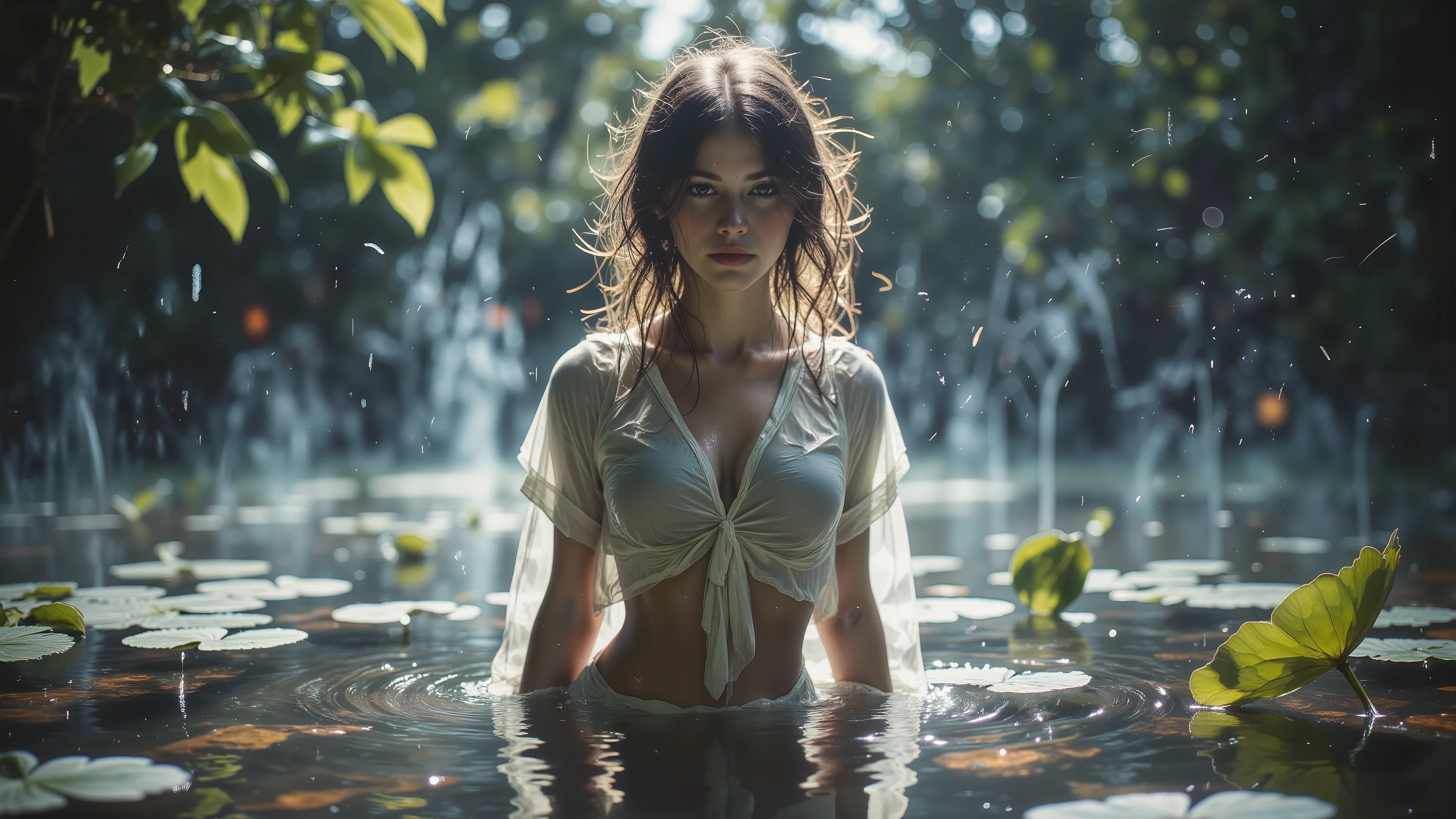 Surrealism:1.5, Bokeh, A redhead sweaty, wet and smiling model with mini breasts, flat chest, bigger muscular butt and wider hips with a gap between her thighs. A serene scene of a woman submerged in a tranquil pond, surrounded by lush green lily pads. The soft sunlight filters through the trees, casting gentle reflections on the water surface, creating a dreamlike atmosphere (light:1.2). She wears a delicate, translucent blouse that subtly highlights her form (fabric:1.1). The background features a misty ambiance, enhancing the ethereal quality of the image (atmosphere:1.2). Compositionally, the central figure is framed by the leaves, guiding the viewer's gaze, while the water's surface adds a sense of fluidity (composition:1.2). Negative prompts: avoid harsh shadows, distractions, or clutter (focus:1.2). --sref 2594221865 --sw 200 --stylize 300 --v 7, (anatomically correct:0.5).