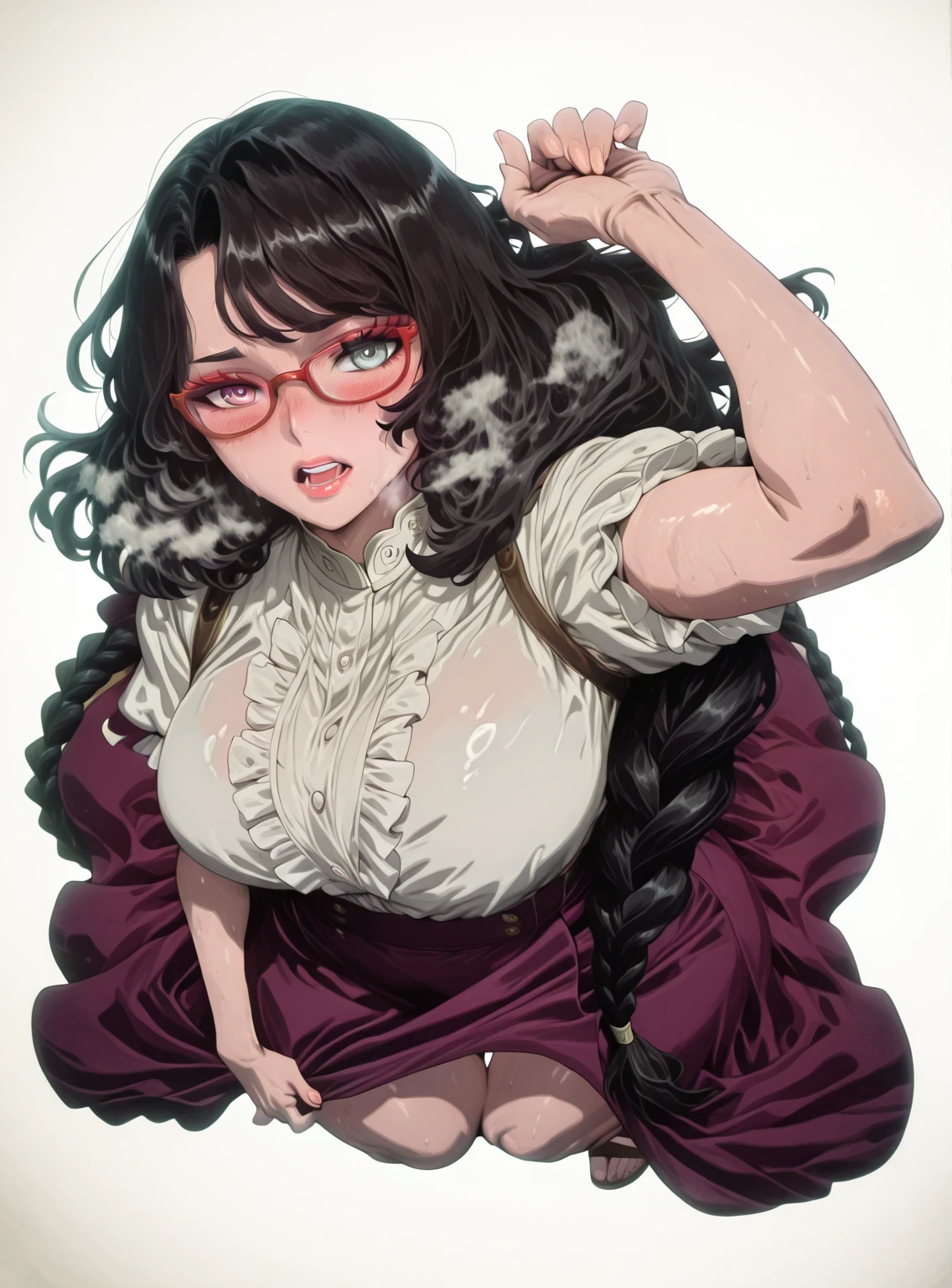 Meteor, Manhwa, L_Cation2, babu-style, Hgk, (jeneral-style:1.2), (kagematsuri-style:1.3), (gin_moku-style:1.2), (toi8-style:1.4), ((anime coloring, anime screencap)), shiny skin, Hand drawn, cinematic, Sharp focus, humorous illustration, big depth of field,(cellulite:1.2) Masterpiece, ((cinematic, backlighting)), concept art, trending on artstation, Vivid colors, Simplified style, trending on ArtStation, trending on CGSociety, Intricate, Vibrant colors, Soft Shading, Simplistic Features, Sharp Angles, Playful, (voluptuous body:1.4), (mature female:1.4), ((anatomical correct)), perfect body, perfect eyes, perfect fingers, gasping, heavy breathing, gasping profusely, ((skindentation)), ((curvy, thigh gap)) hephaestionlemcf, very long hair,black hair,braid, red eyeshadow,dark blue eyes,grey eyes, ((heterochromia)),lipstick, bright pupils, plump, 1girl, solo, glasses, breasts, skirt, open_mouth, red-framed_eyewear, looking_at_viewer, white_background, purple_skirt, frills, blush, simple_background, from_above, sandals, fisheye, close-up