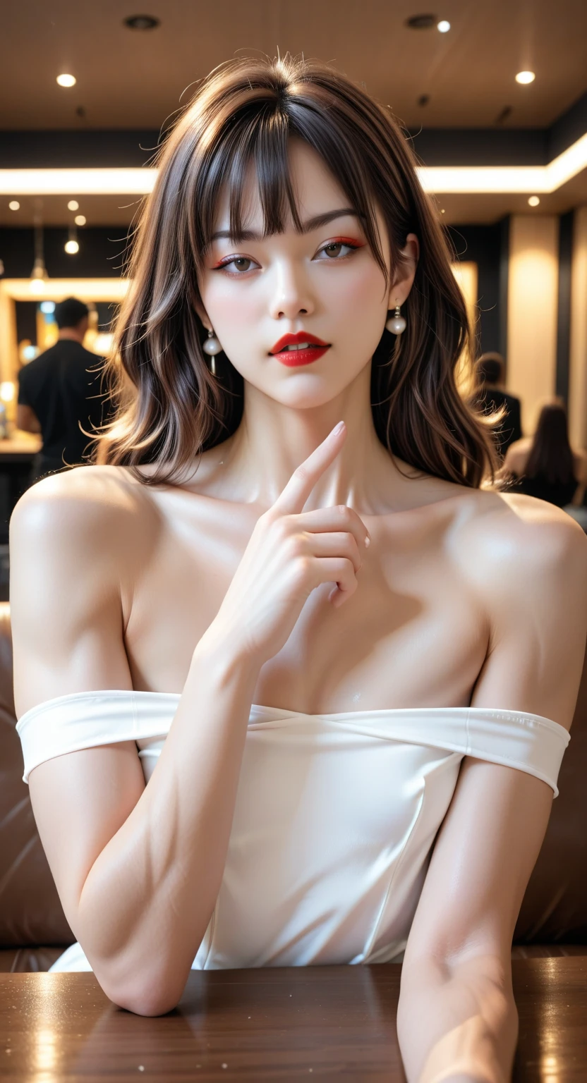 masterpiece, Highest quality, 8K, Official Art, Cinematic Light, Ultra-high resolution, Close-up of face、One Mature Woman, 45 Talent、Round face、Sexy mother, Earrings, Tie your hair back tightly、 View your audience, hoop Earrings, Brown Hair, Brown eyes, Brown background, White T-shirt BREAK Green apron、, Red lips、Detailed face、Fine grain、Detailed gaze、
