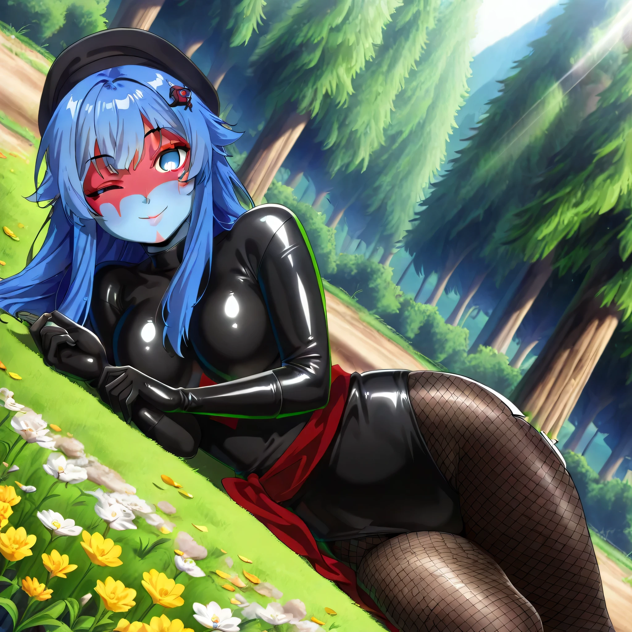 (((Masterpiece))), (((Best Quality))), ((Super Detail)), ultra-High resolution, score_9,score_8_up,score_7_up,score_6_up,score_5_up,score_4_up, BREAK, source_anime, anime screencap, uncensored, Masterpiece, (best shadow), (absurdres), (detailed background), (very aesthetic), detailed beautiful eyes, outstanding, an exquisite animation illustration, curvy, highres, shiny clothing, dark persona, empty eyes, blank eyes, shocker, black leotard, latex elbow gloves, brown fishnet pantyhose, red skin, blue skin, colored skin, red sash, makeup, (((solo, 1girl))), hair ornament, seductive pose, submissive pose, anime style, anime coloring, animification, megami magazine, sexy pose, dynamic angle, cinematic angle, dutch angle, dynamic composition, medium breast, dina yasei no last boss, blue hair, blue eyes, headwaer, beret, long hair, smile, happy, closed mouth, cute smile, cute, cute pose, on side, one eye closed, grass, forest, wind, messy hair, wink, mountains, flower, flower petals, petals, wind, windy, floating hair, dappled light, sunbeam, looking at viewer, lying down on side, lying down, lying down on grass, forest, yokozuwari, looking at viewer