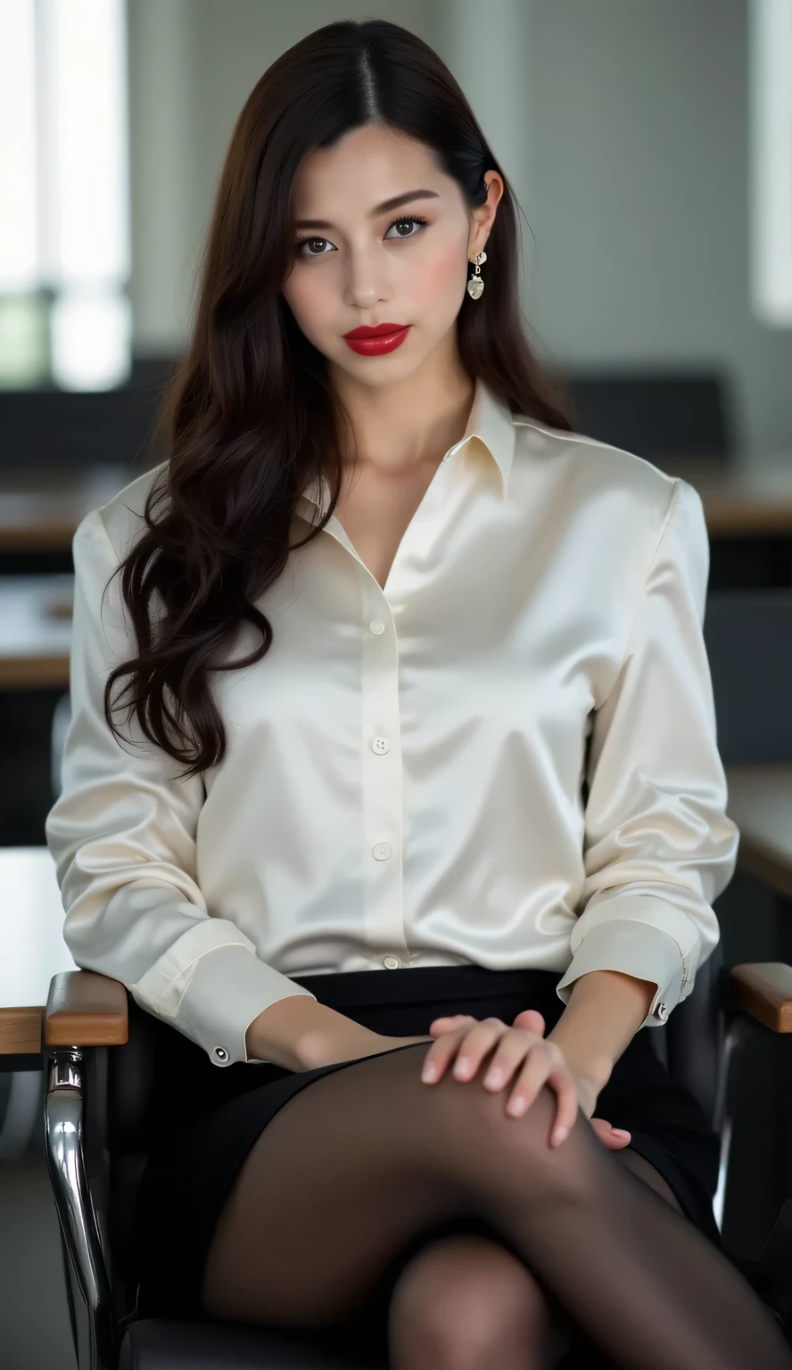 an office lady,  sitting strapping on an office chair, body facing the camera, using a tight formal shirt of white satin material,  short skirt black leggings,  payudara besar, bibir merah