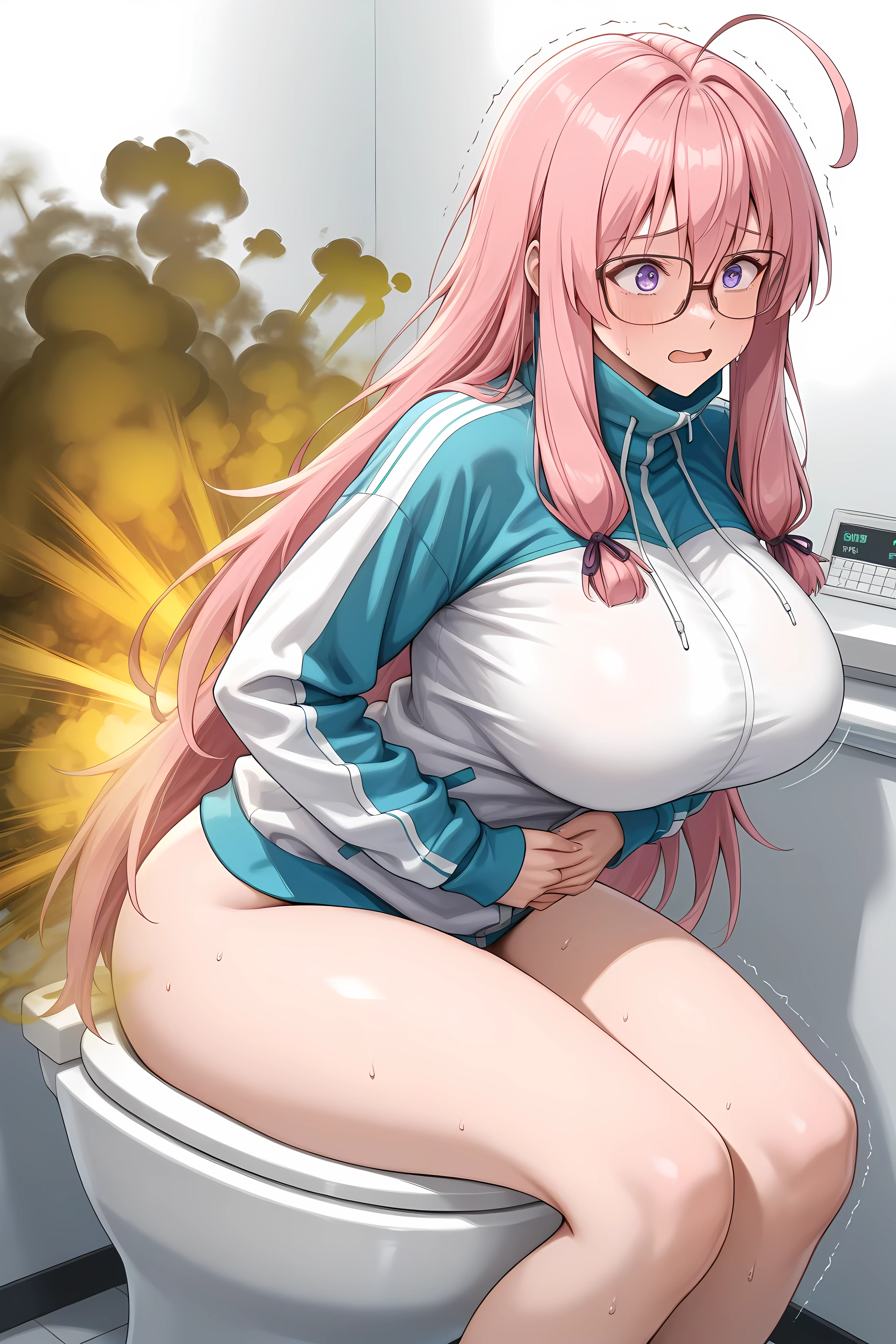 shizuri_wz, very long hair, pink hair, sidelocks, ahoge, hair ornament, purple eyes, glasses, , track jacket, two-tone jacket, blue jacket, white jacket,, neet de otaku na kunoichi to naze ka dousei hajimemashita,s, massive , soft fat, curvaceous, thicc, suprised face,
Solo, general, masterpiece, highres, ultra-detailed, hyper-detailed, best quality, amazing quality, very aesthetic, best hands, best eyes, best hand
adult woman, 1Woman, Sitting on a toilet, hand on own stomach, sweat, leaning forward, nervous, scared, trembling legs, from fornt,
white cubicle, proportional, Seeing the whole lower body, uncensored, leg, from waist down.
(:2) , ( (yellow gas:2), near only,