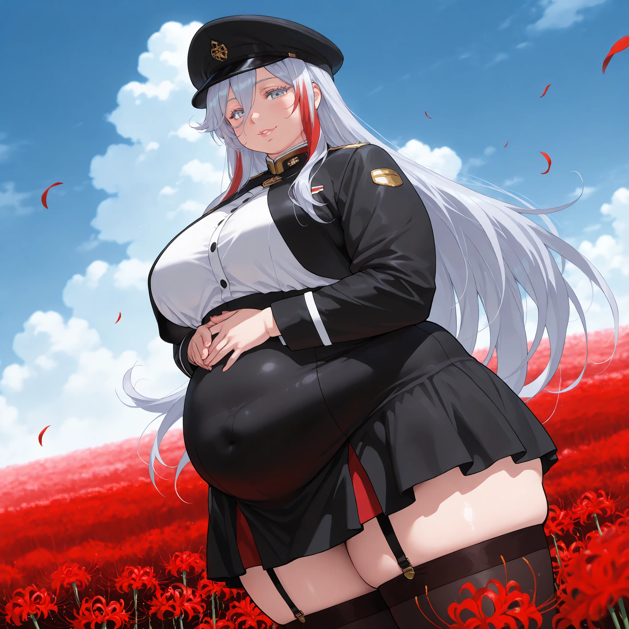 1 woman, beautiful mature woman, attractive detailed face, delicate facial features, detailed skin, huge breasts, looking seductive, ultra-detailed, (best quality,4k,8k,highres,masterpiece:1.2), cinematic lighting, octane render, 8k uhd, extremely detailed, intricate details, hyper realistic, high definition, sharp focus, ,compositionmuted colors, skin pores, score_9, score_8_up, score_7_up, (cowboy shot, dutch angle:1.2), score_9, score_8_up, score_7_up, score_6_up, source_anime,vladilenamilize, 1girl, solo, black military uniform, very long hair, thighhighs,, smile, , garter straps, high-waist skirt, looking at viewer, shirt, streaked hair, hair between eyes, cropped jacket, grey hair, multicolored hair, , long sleeves, bangs, red hair, grey eyes, , medium breasts, zettai ryouiki flower field, , cloudy sky, , petals, spider lily,, blue sky, blurry, open mouth, peaked cap, , 86bg, white eyelashes, (own hands together:0.9), (negative_v2 Color_Balance_Calibration:0.8), negativeXL_D, aidxlv05_neg, Stable_Yogis_Animetoon_Negatives, chubby, chubby girl, curvy, large breasts, lips, plump, thick thighs, thighs, (((oversized gigantic stomach)), curvy, large breasts, lips, plump, thick thighs, thigh, immobile