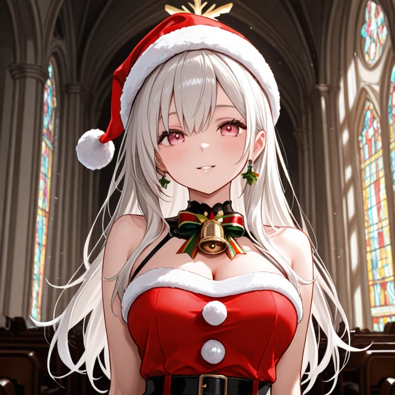 One girl, Masterpiece, best quality, White headphone, blonde, korean woman, tall, slender, beautiful face, detailed face, detailed fingers, show full height, anime pastel, cleavage, Santa outfit, standing in front of church