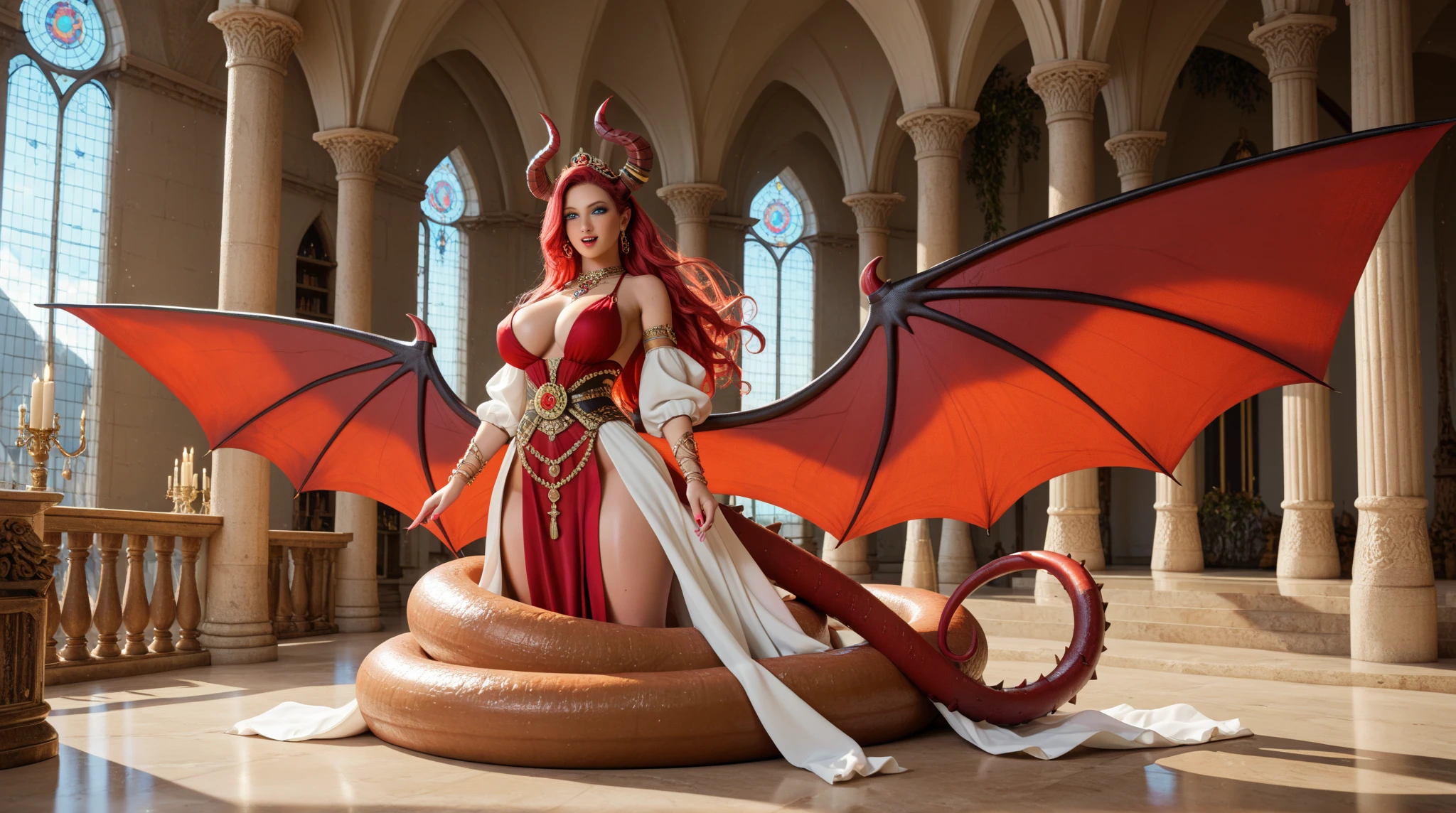 wallpaper sice ultradetail horizontal,1girl in, (Solo:1.2),skin wet,skin ultradetailed,bouncing wet ??????,???? ???, ???? devil red dress,???? school lace suit latex,((massive big big oppai ??????)),((leaning forward)),onion ???,show you back,(skin texturiced ultrarealistic),Female((22 year old)), ???? miniskirt lace, ???? bra lace, bouncing oppai ??????,,highres, masterpiece, perfect lighting, bloom, cinematic lighting, adult, female, looking at viewer, (RSEEmma:1.5),tiefling, (colored skin, red skin), horns, demon horns, oni horns, dragon horns, tail, side-swept bangs, black hair, pink IncursioDipDyedHair, messy mid ponytail, green eyes, thick eyebrows, freckles, cara orguyosa ????,
