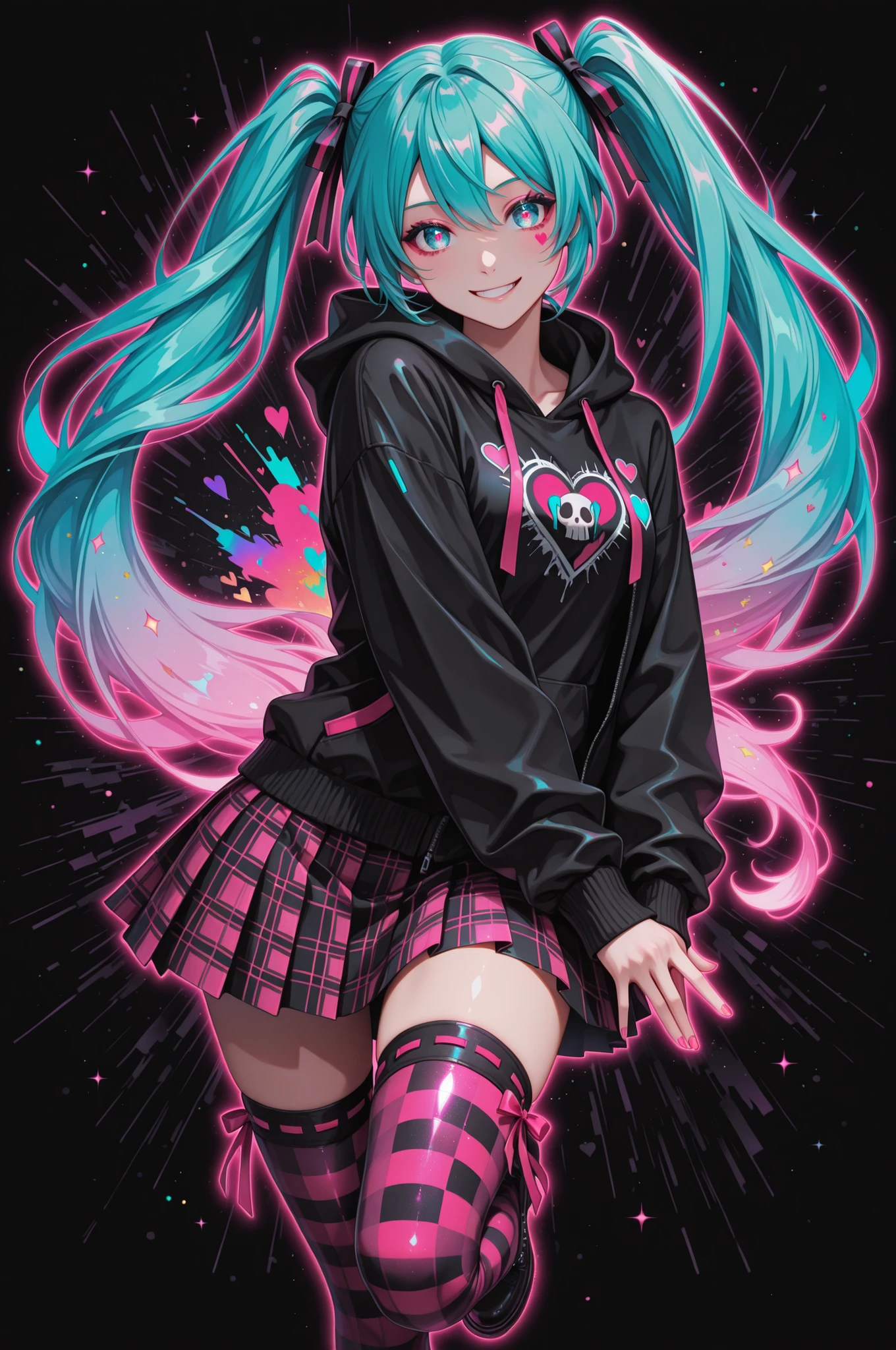 1girl, cowboy shot, smile, full body,
hatsune miku, black background, colorful hearts, vibrant, pink glowing outline, neon, abstract background, looking at viewer, ribbon-trimmed thighhighs, gingham skirt, hooded jacket, black top, dynamic pose, punk, kawaii