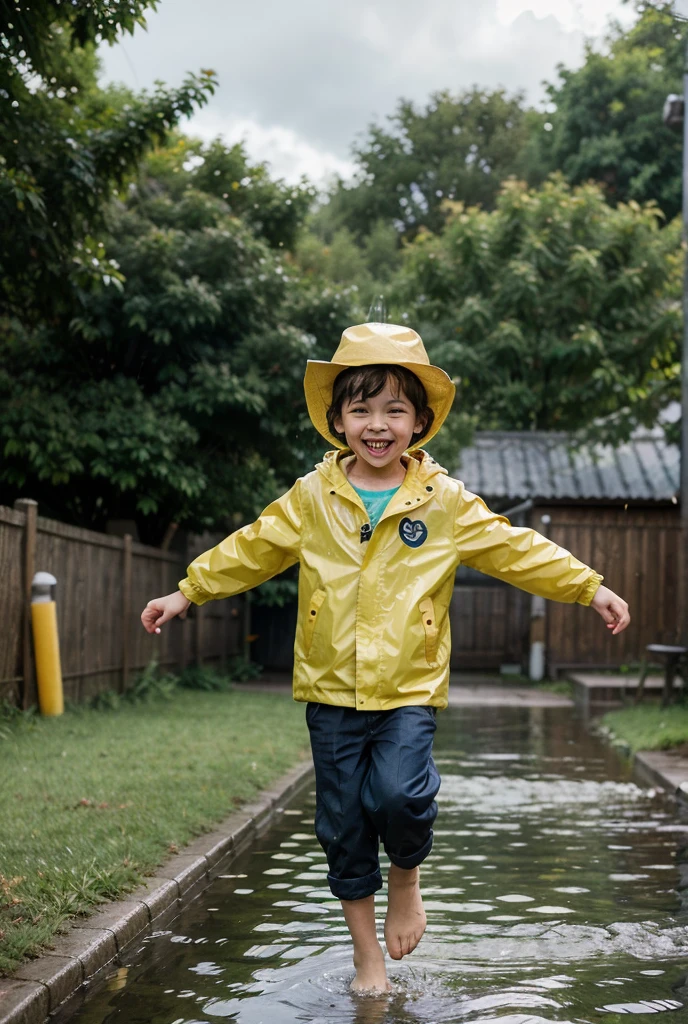 Two-year-old cute baby girl, black yellow hair, hair length of about 10 cm, thick hair, air bangs, big black eyes, single eyelids, no eye bags, pink little face, relatively small mouth, wearing a small yellow duck style raincoat, tilted head and looking ahead, showing two small baby teeth, stretching out two small black hands forward, the background is a light rainbow in the garden after rain --auto --s2