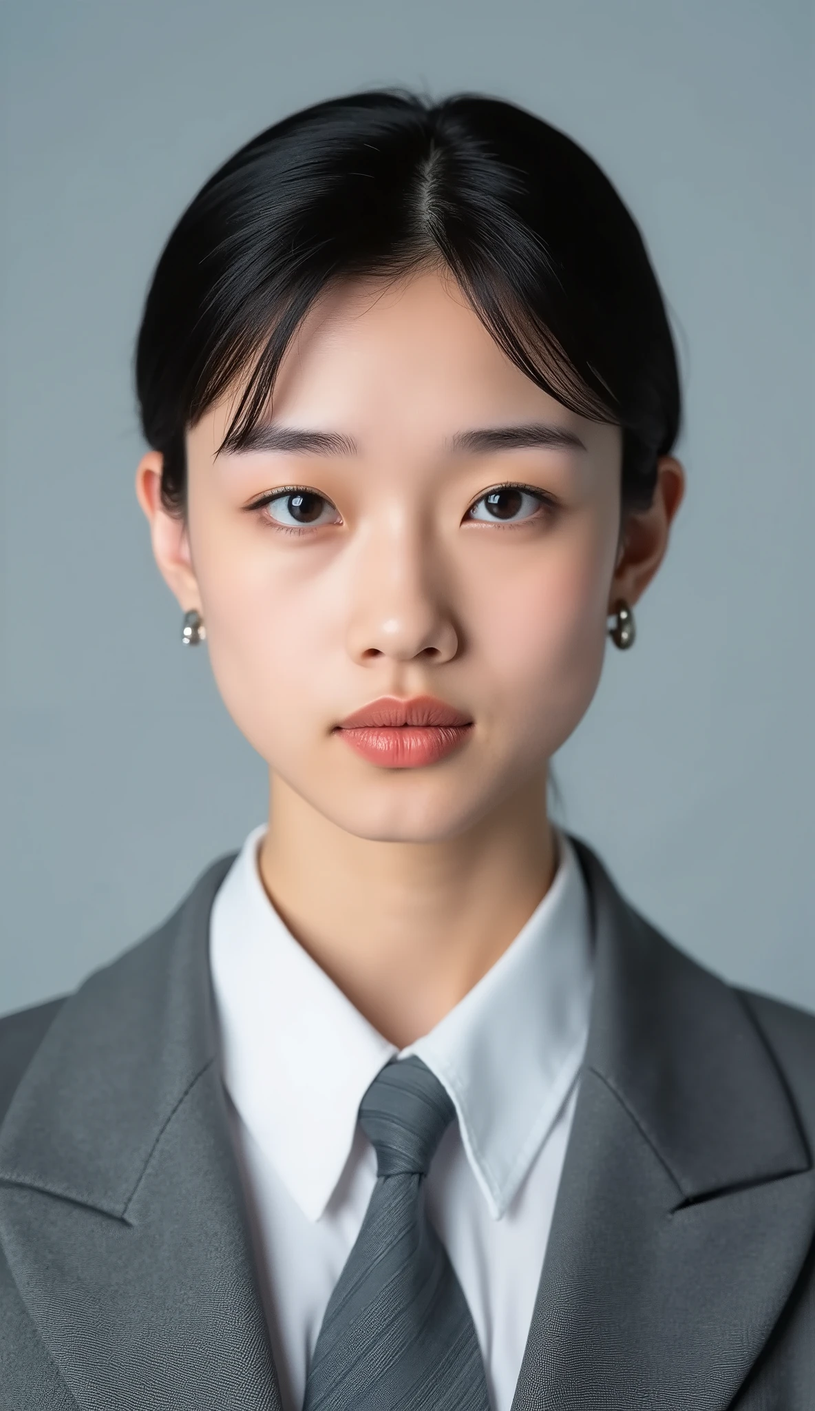 Passport photo of a neat young woman、facing directly、camera list、office lady suit、jacket、shirt、、、ear piercings、前髪あり、、、無表情、、、has closed its mouth、face close-up、grey background