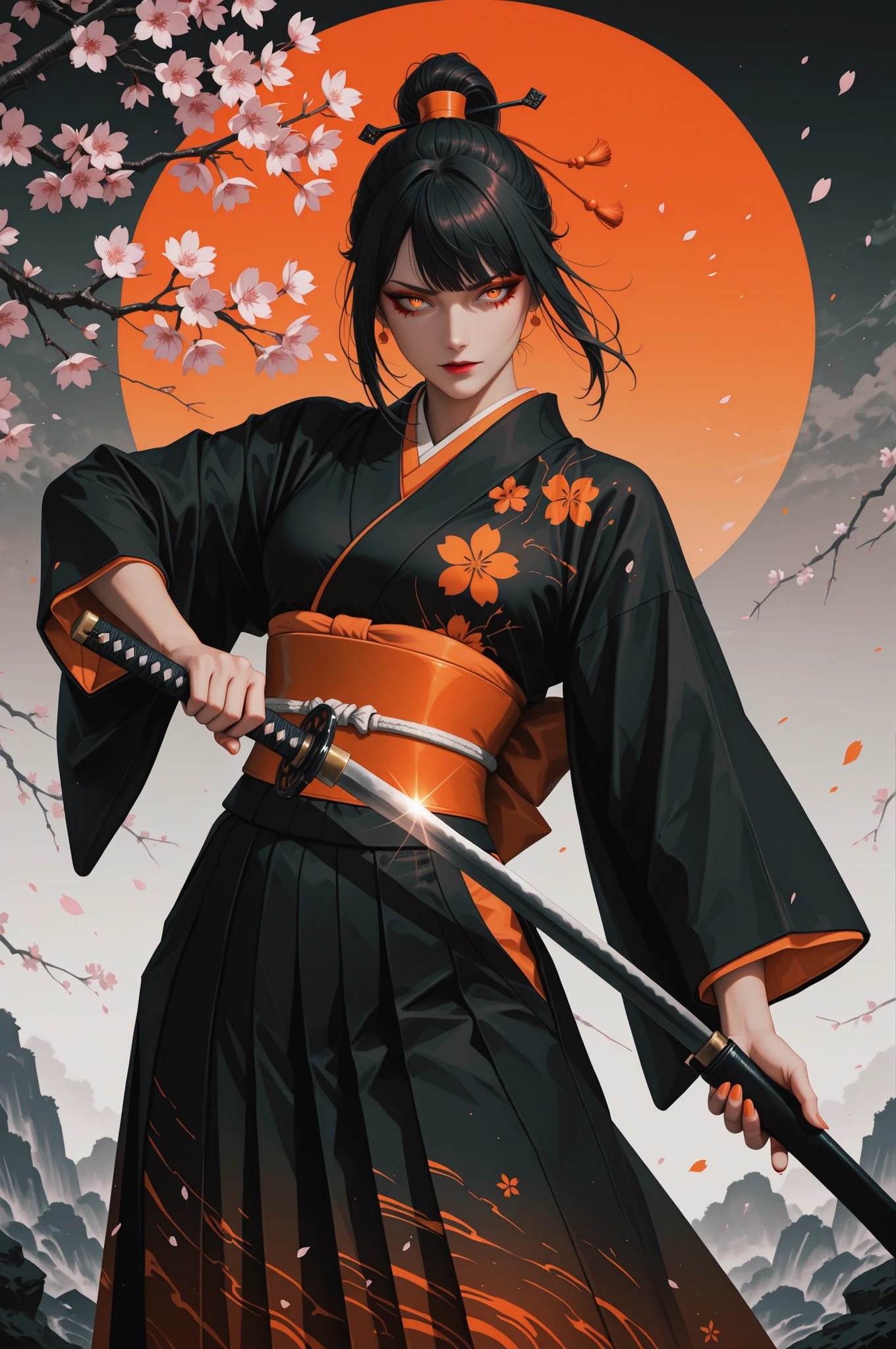 A dynamic, a female warrior, inspired by Japanese aesthetics, wearing a black and orange kimono, wielding katanas, with a backdrop of stylized cherry blossoms; detailed, expressive pose, rich color palette of black, orange, and grey, high-detail outfit, and elegant, sharp lines.