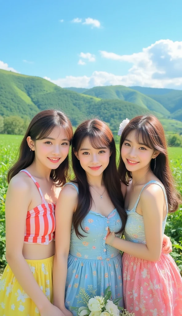 Three smiling girls, Summer Sea, Blowing in the wind for a long time [Blue-black:.3] hair,View Audience, (masterpiece:1.3), (8K, Realistic, RAW Photos, Highest quality: 1.4), Japanese, (One Girl), Beautiful Face, (Realistic Face), beautiful hairstyle, Realistic eyes, Beautiful details, (Realistic Skin), Beautiful Skin, charm, Ultra-high resolution, Ultra-realistic, Very detailed, (Selfie:1.2), scenery