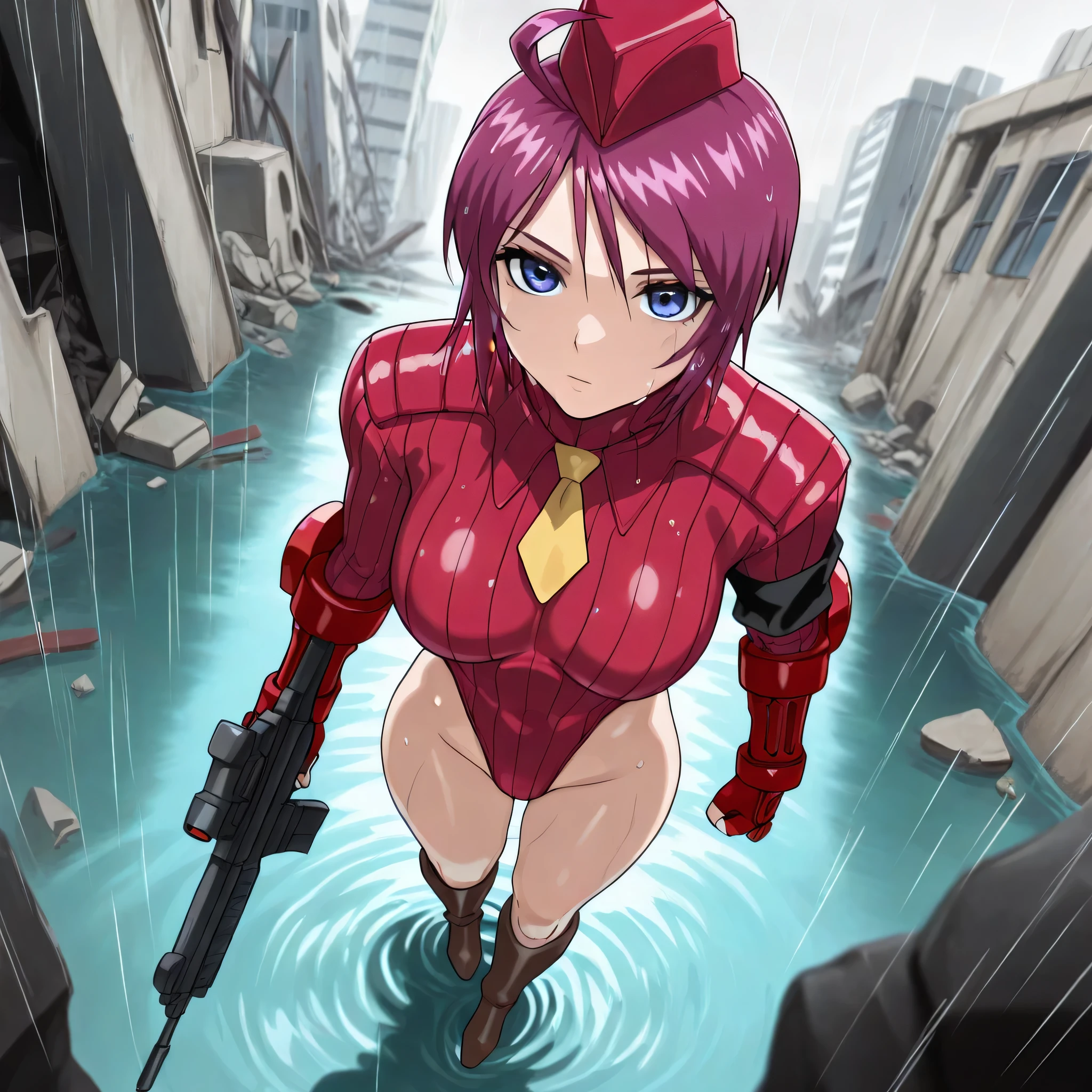 (((Masterpiece))), (((Best Quality))), ((Super Detail)), ultra-High resolution, score_9,score_8_up,score_7_up,score_6_up,score_5_up,score_4_up, BREAK, source_anime, anime screencap, uncensored, Masterpiece, (best shadow), (absurdres), (detailed background), (very aesthetic), shiny, detailed beautiful eyes, outstanding, countershading, detailed soft lighting, an exquisite animation illustration, curvy, shadaloo dolls, red gloves, hat, fingerless gloves, gauntlet, red gauntlet, leotard, cosplay, highleg, highleg leotard, garrison cap, dark persona, ribbed leotard, yellow necktie, (((solo, 1girl))), hair ornament, seductive pose, submissive pose, anime style, anime coloring, animification, megami magazine, sexy pose, dynamic angle, cinematic angle, dutch angle, dynamic composition, large breast, Lunamaria Hawke, purple hair, short_hair, ahoge, blue_eyes, expressionless, emotionless, walking, holding assault rifle, assault rifle, looking from above, view from above, from above, full body, rain, downpour, looking ahead, wet body, wet skin, wet hair, soak, sweat, partially submerged, submerged, flooded, apocalyptic, blood splatter, gore, apocalyptic, apocalyptic city, debris, destroyed city, rubble, remains of buildings, outdoor