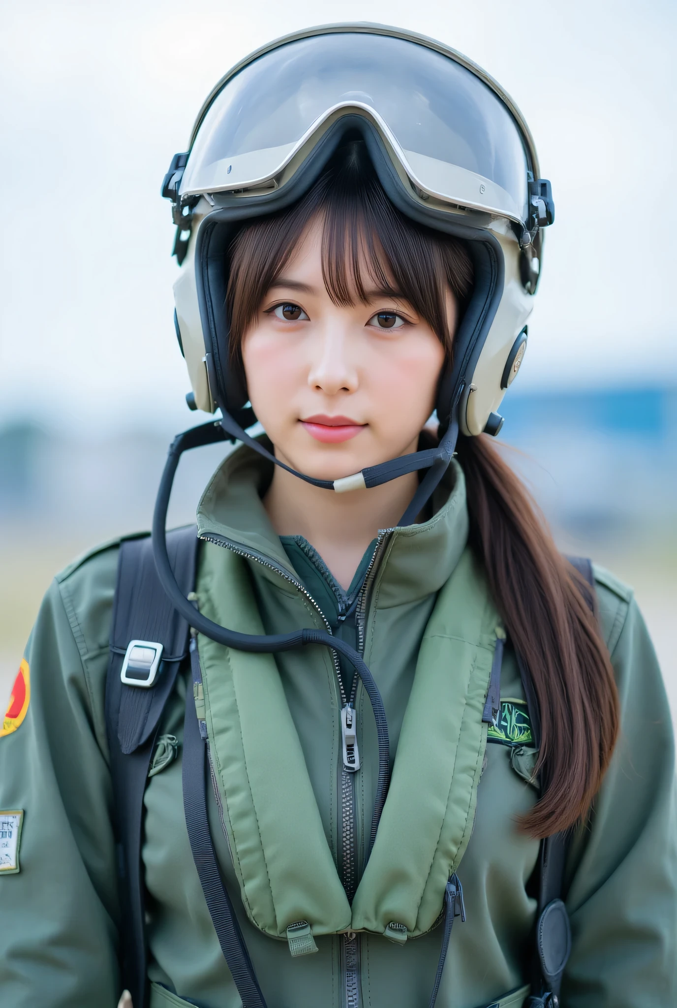 ultra detailed,8k,high resolution, beautiful detailed, high contrast, sharp focus, 85mm, f8
best quality, super hyper realism, realistic, photorealism,(realistic skin:1.2), air force base, runway,
japanese solo girl, no makeup, Lower Ponytail, (straight-on :1,3), ultra realistic, (full body:1,3), (near fighter jet:1,3),
Japanese girl, fighter pilot, full gear, flight suit, G-suit, (flight helmet:1,3), oxygen mask, survival vest, cockpit, realistic, highly detailed