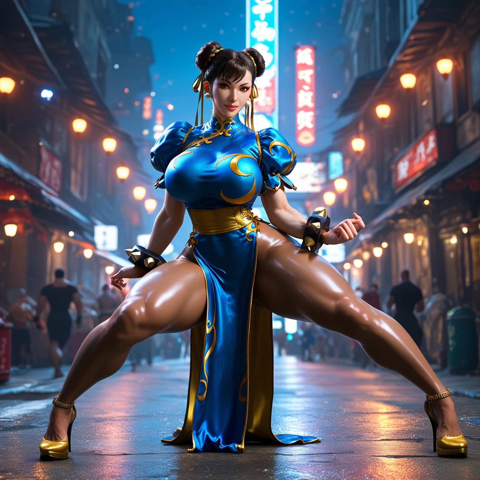The image depicts Chun-Li in a qipao. The sheer fabric qipao is vibrant red in color, with gold embroidery accents and short skirt that allows freedom of movement for its powerful kicks. She also wears white socks and boots, further enhancing her sleek appearance. (((????? ??????))), ((???????)), (Korean(kpop idol)), ((puffy eyes)), powerful Street Fighter fighters, in a dynamic and intense confrontation. fighters are immersed in a dynamic pose. Cammy performs an acrobatic leap in the air, displaying her agility and dexterity. She swings her leg back, bracing herself for a precise kick. Her long black hair floats in the wind, giving her an imposing appearance. The image is set in a nighttime urban setting, with neon-lit streets and tall buildings in the background. The bright lights cast dramatic shadows over the fighters, highlighting their tense muscles and determined expressions. Sparks and motion effects add a touch of dynamism to the scene, capturing the energy of confrontation. (????)