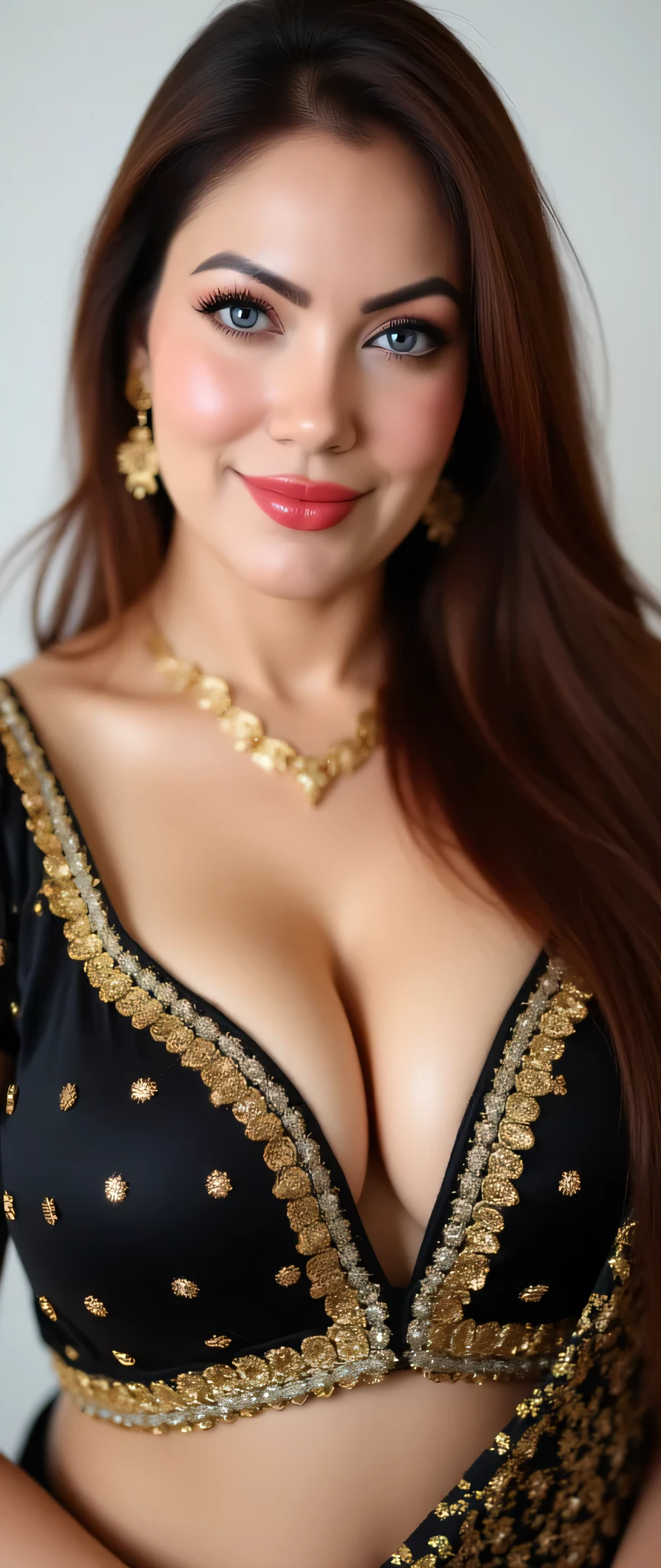 Close up photo of sexy pakistani girl, front view, curvy, hourglass figure, tight breasts, deep cleavage, black and golden work blouse and saree,navel, belly button, look at viewer and subtle smile, sexy very long straight maroon hair, necklace, ear rings, nose ring, jhumka, perfectly tight breast nipples nice clevage seductive poses red lips full body front face erotic, jwellery ornaments nose piercing, breast curves , sharp focus, depth of field, 8k photo, HDR, professional lighting, taken with Canon EOS R5, DSLR, 75mm lens, huge breast curves pink nipple show, deep cleavage erotic looks, pale skin white background nice lighting , tight breast slim waist thick thies, 1 breast out , soft focus, depth of field, 8k photo, HDR, professional lighting, taken with Canon EOS R5, DSLR, 75mm lens, huge tight breast curves deep cleavage , sexy long hair style one sided flipping sexy hairstyle wet and glossy