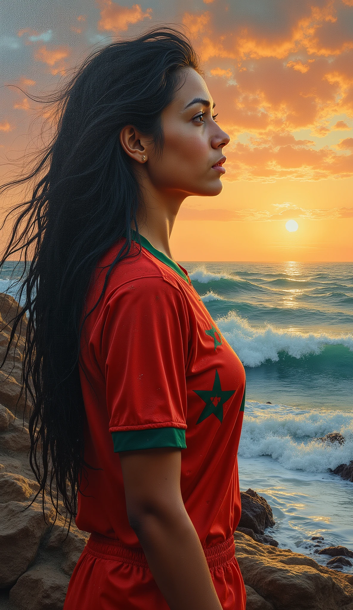 created a painting with oil painting with huge details , In the style of the artist Leonardo Davinci , In the era of the European renaissance , A fully detailed painting of an Arab woman over the rocks of the sea. The waves are very big, hit the rocks and are scattered on the woman, her clothes are wet, and she looks with half a smile at the sky during the sunset, her long black hair, her hair falls on her shoulders as if it is sparkling silk .
The woman wears the sports clothes of the Moroccan national team, a picture that looks cinematic, and the angle of view in front of the woman