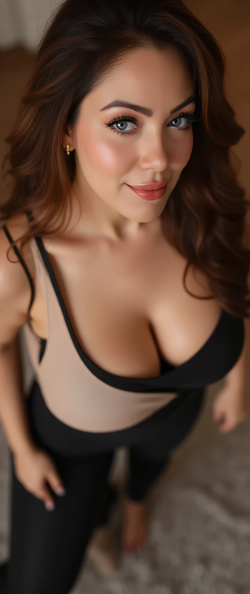 (detailed beautiful eyes and detailed face, masterpiece side light, masterpiece, best quality, detailed, high resolution ), (1 women, beautiful women, colossal breasts, looking down, looking at viewer), ( wavy hair, legging, tank top shirt) 45 degrees, top view, (hand detail), sexy long hair style glossy hair fluffy princess like hairstyle