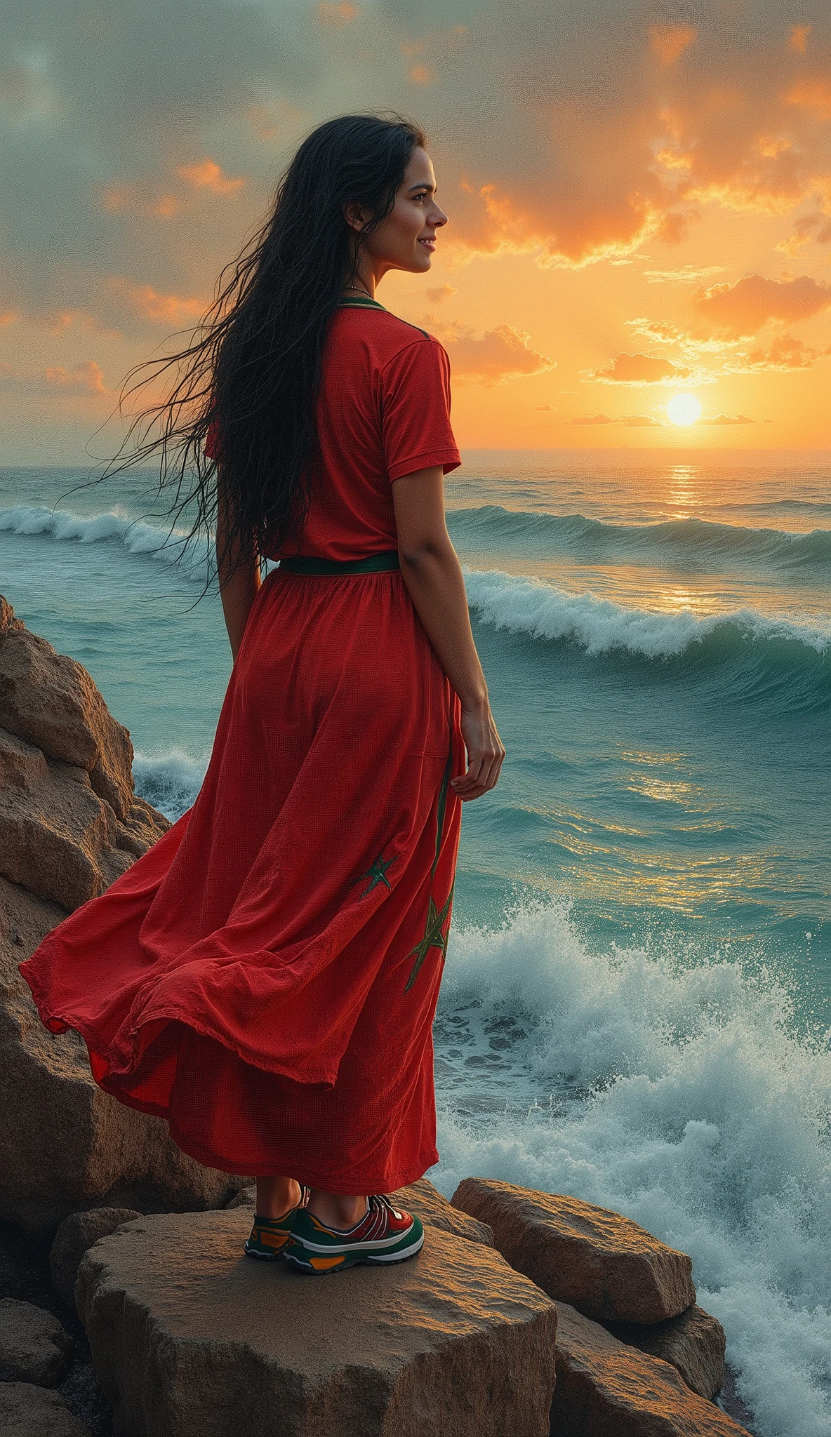 created a painting with oil painting with huge details , In the style of the artist Leonardo Davinci , In the era of the European renaissance , A fully detailed painting of an Arab woman over the rocks of the sea. The waves are very big, hit the rocks and are scattered on the woman, her clothes are wet, and she looks with half a smile at the sky during the sunset, her long black hair, her hair falls on her shoulders as if it is sparkling silk .
The woman wears the sports clothes of the Moroccan national team, a picture that looks cinematic, and the angle of view in front of the woman