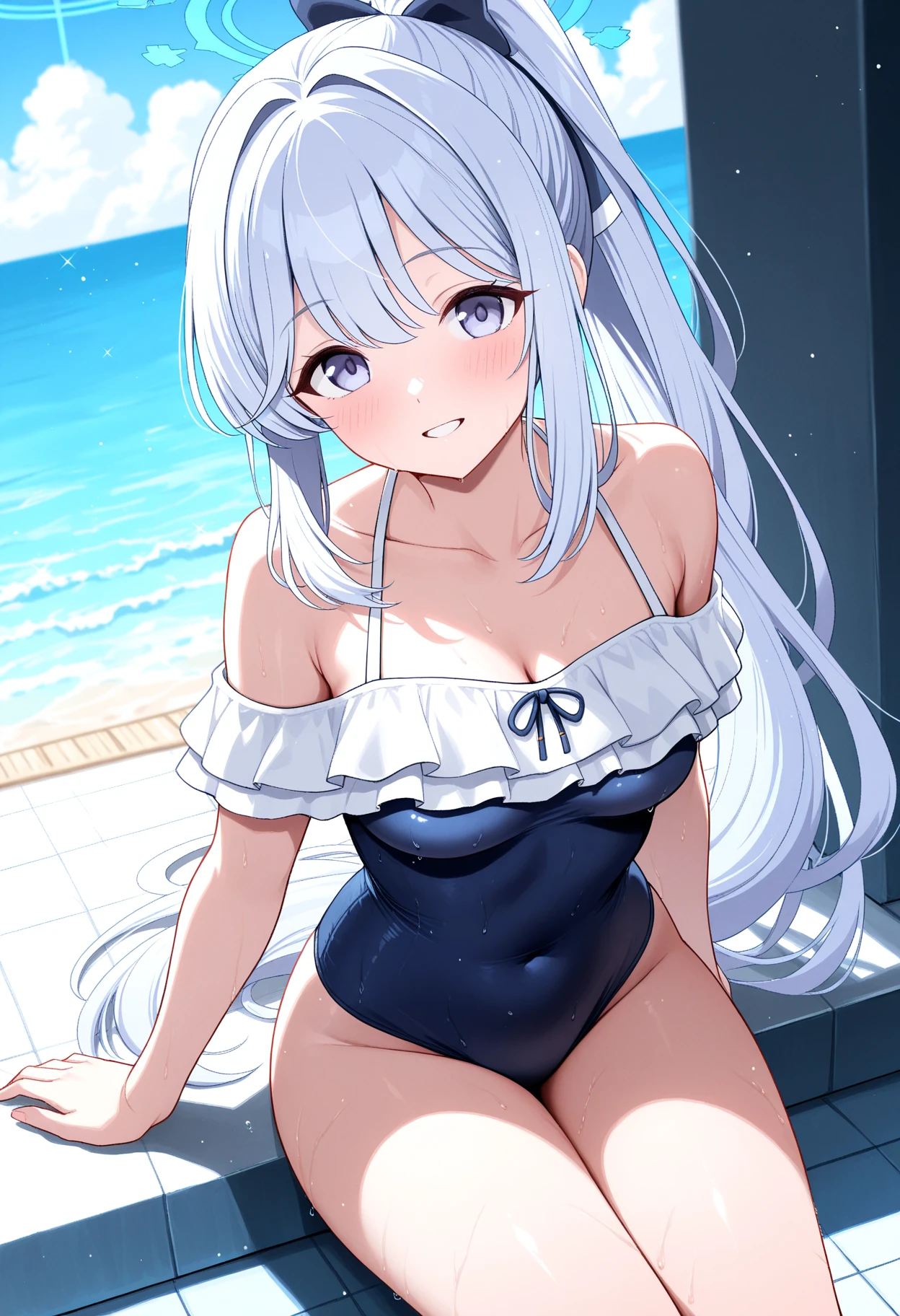 Cabello largo plateado, ojos verdes, headband, necklace, bunny ears, bikini, very long socks, happy, sonrisa, muslos hermosos, inside house