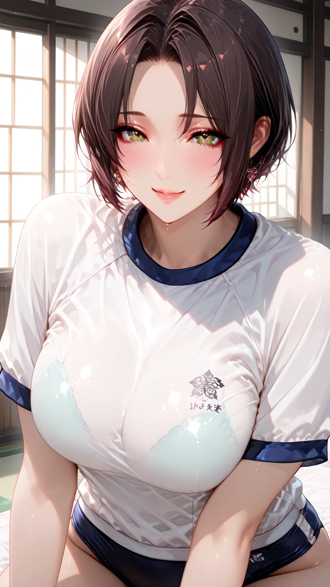 Japanese woman,detail eye,irises,Japanese Gym Clothes,