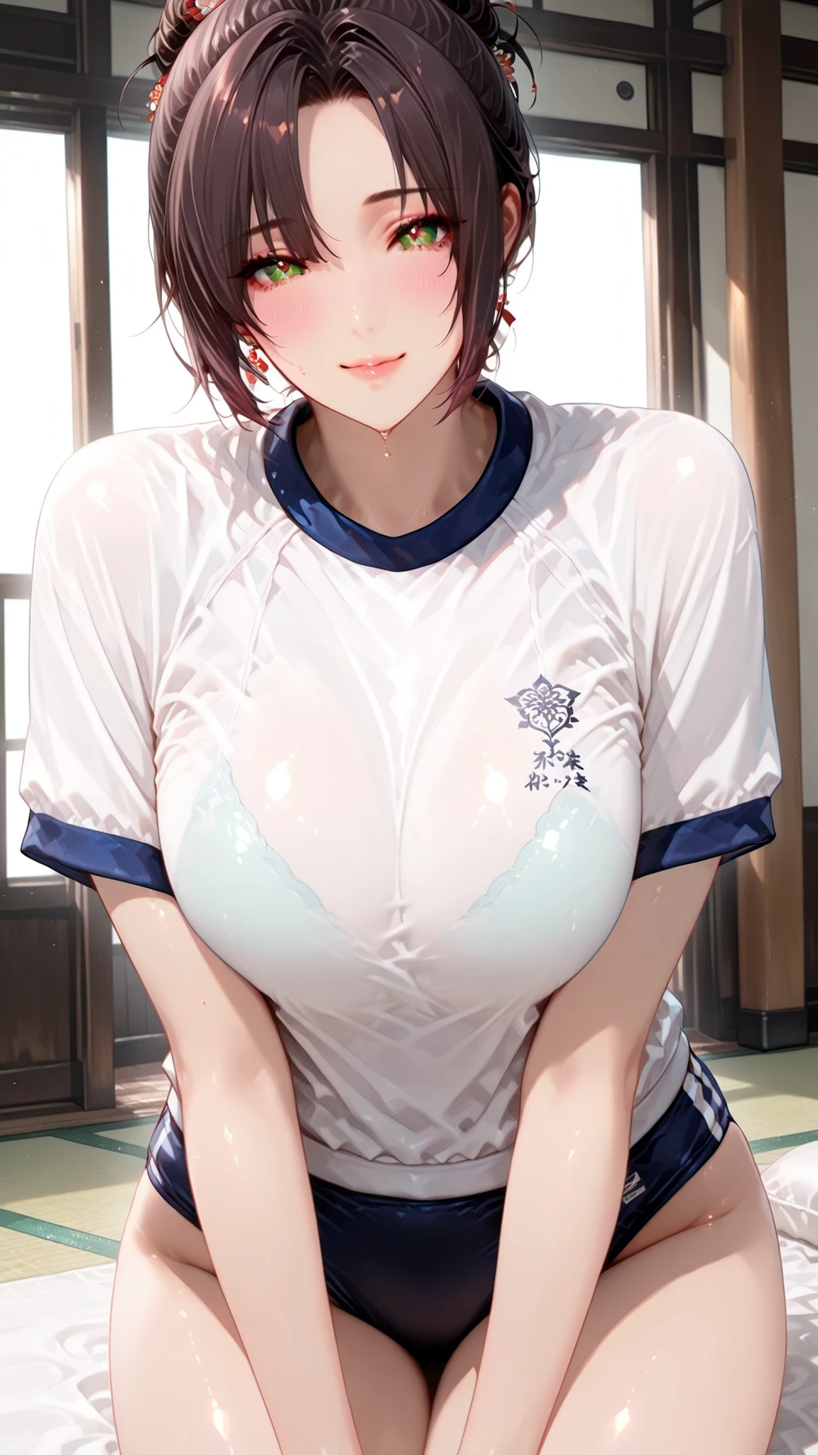 Japanese woman,detail eye,irises,Japanese Gym Clothes,