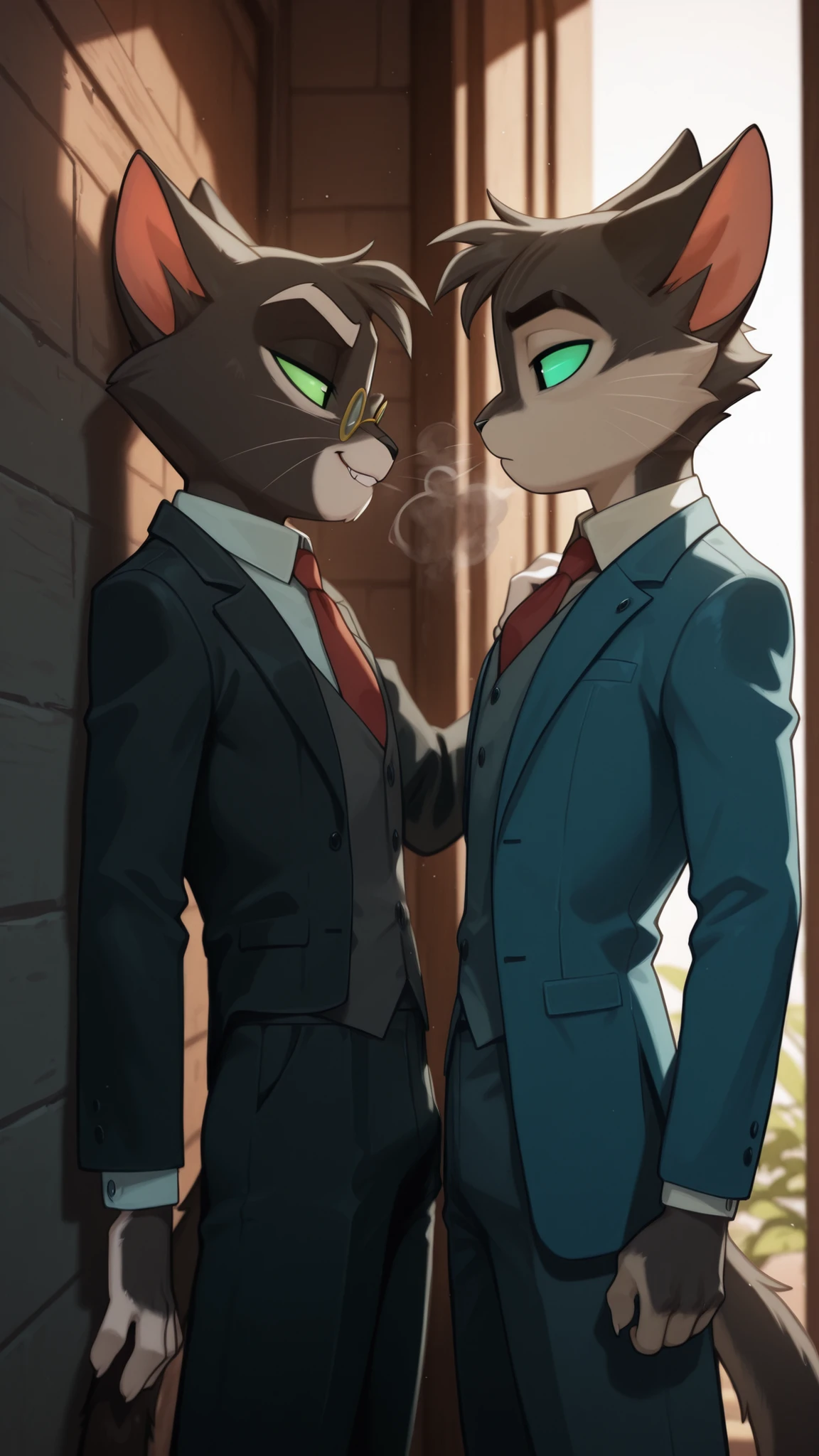 Mordecai Heller, looking at another anthro cat, sexy smile, steam from his mouth, black and white fur, green sclera, black eyes, pince-nez