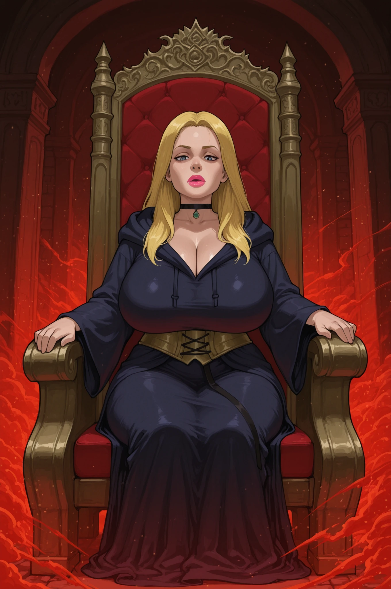 Francine Smith, looking at viewer, pink lipstick, choker, Blonde hair, huge saggy breasts. long hair. blonde hair, | Epic fantasy battle scene, Game of Thrones meets Jujutsu Kaisen, medieval castle throne room setting, powerful sorcerers in traditional jujutsu robes (non-transparent), ancient curses with dark magic, intense combat action, dramatic lighting, throne in background symbolizing power, mystical energy blasts, detailed medieval armor contrasting with sorcerer’s garments, realistic battle poses, dynamic composition, blood-red atmosphere, smoke and magic effects, high stakes conflict, photorealistic style, 8k quality, detailed textures, cinematic lighting, professional composition, realistic physics, best quality, dramatic storytelling, intense emotion in characters’ faces, ultra-detailed environment.