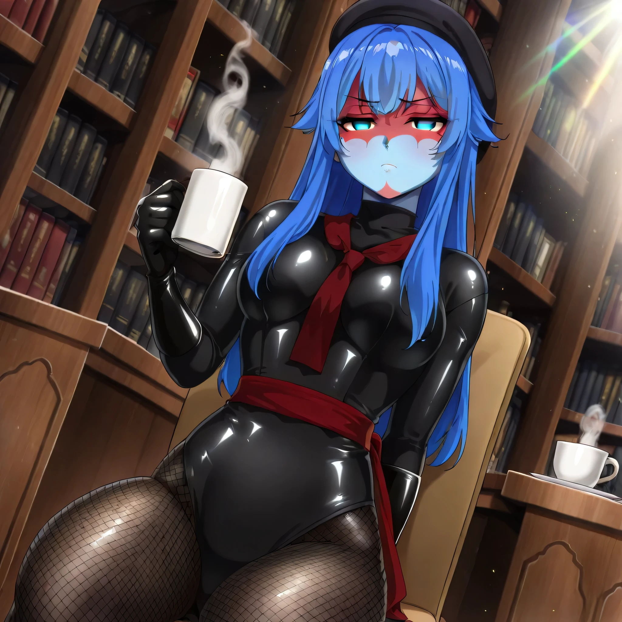 (((Masterpiece))), (((Best Quality))), ((Super Detail)), ultra-High resolution, score_9,score_8_up,score_7_up,score_6_up,score_5_up,score_4_up, BREAK, source_anime, anime screencap, uncensored, Masterpiece, (best shadow), (absurdres), (detailed background), (very aesthetic), detailed beautiful eyes, outstanding, an exquisite animation illustration, curvy, highres, shiny clothing, dark persona, empty eyes, blank eyes, shocker, black leotard, latex elbow gloves, brown fishnet pantyhose, red skin, blue skin, colored skin, red sash, makeup, (((solo, 1girl))), hair ornament, seductive pose, submissive pose, anime style, anime coloring, animification, megami magazine, sexy pose, dynamic angle, cinematic angle, dutch angle, dynamic composition, medium breast, dina yasei no last boss, blue hair, blue eyes, headwaer, beret, long hair, holding cup, half closed eyes, annoyed, coffee, steam, indoors, dappled light, sunbeam, tilt head, head tilt, sitting on chair, chair, library, bookshelf