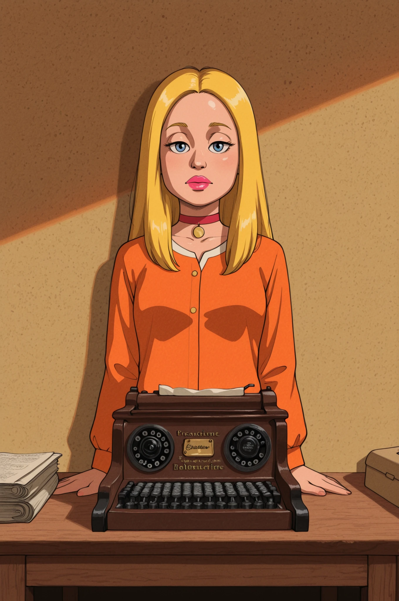 Francine Smith, looking at viewer, pink lipstick, choker, Blonde hair, small breasts. long hair. blonde hair, |  Small town post office interior, vintage postal theme, warm natural lighting, early evening atmosphere, wooden furniture, old-fashioned mailboxes, antique typewriter, vintage stamps and envelopes, diverse characters with mysterious expressions, strangers passing by quickly, subtle hints of hidden secrets, neutral clothing styles, no transparency, cozy rural ambiance, soft autumn colors, dusty rays of sun, nostalgic feeling, detailed environment, 80s retro style, subtle drama in body language, photorealistic, 8k quality, deep story atmosphere, professional composition, realistic lighting, clean background, best quality.