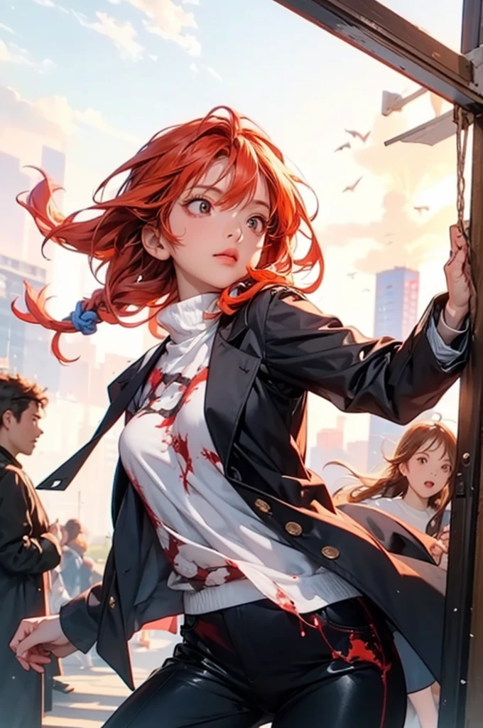 (detailed,realistic) Makima from Chainsaw Man, beautiful detailed yellow eyes, beautiful detailed lips, long eyelashes, flowing red hair, intense gaze, confident smile, holding a blood-soaked sword, surrounded by a dark and twisted aura, standing on a rooftop in a post-apocalyptic city, with buildings in ruins and smoke rising in the background, dramatic lighting casting deep shadows and highlighting the details on her face and the textures of her clothes, creating a captivating and powerful atmosphere.