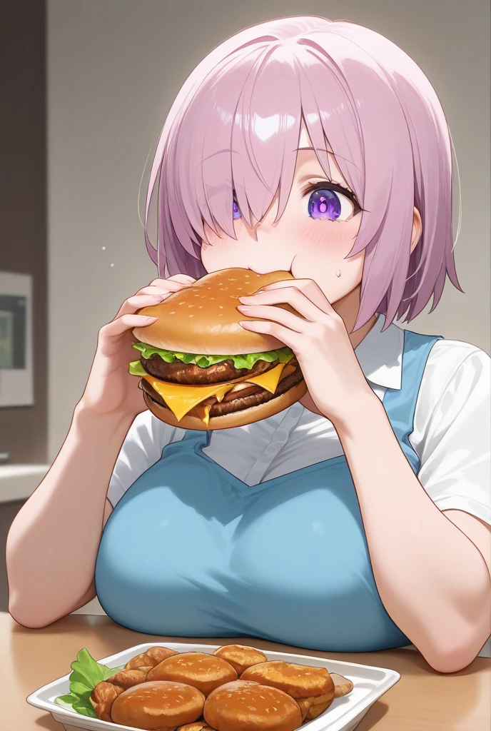 お皿にをかける男性、Ultra-detailed illustrations、Ultra-precise expression、masterpiece、Highest quality、ultra High resolution、High resolution、Hiromitsu Takeda Style、White background、Simple Background、Mash Kyrielight、light purple hair,short hair,hair over one eyes、(Black sleeveless dress)、White collar、Red tie、Black Pantyhose、Brown short boots、Purple eyes、Vulgar expression、smile、Open your mouth、Choker of Hearts、White Breath、Sweat、Glowing Skin、shiny skin、Side angle、Hold a plate、View the plate、、semen、penis、Fat man、Food on a plate、