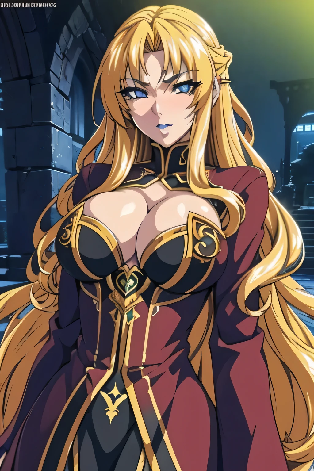 anime style, upper body portrait, seductive and evil female druid mage, tailed alluring eyes, glamorous voluptuous body, wearing celtic mage robe with subtle nazi-inspired design cues, long wavy blond hair, mystical runic accessories, dark lipstick, mysterious elegant aura, photorealistic anime lighting, masterpiece, 8k, high quality, depth of field, atmosphere of evil and ritual