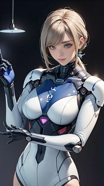 Beautiful cybernetic girl looking at camera in ????????? space battlesuit detailed muscles realistic masterpieces dynamic poses sandy blonde white hair  bob cut