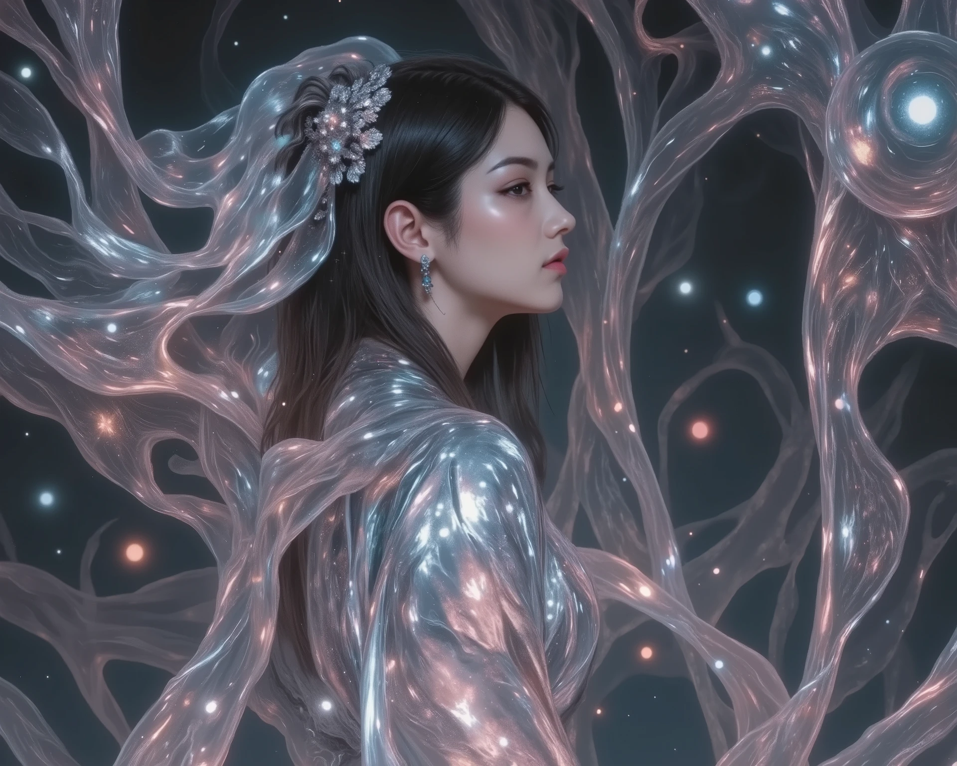 A woman in a silver kimono, Eternal Glow, light effect. Modern Fantasy,